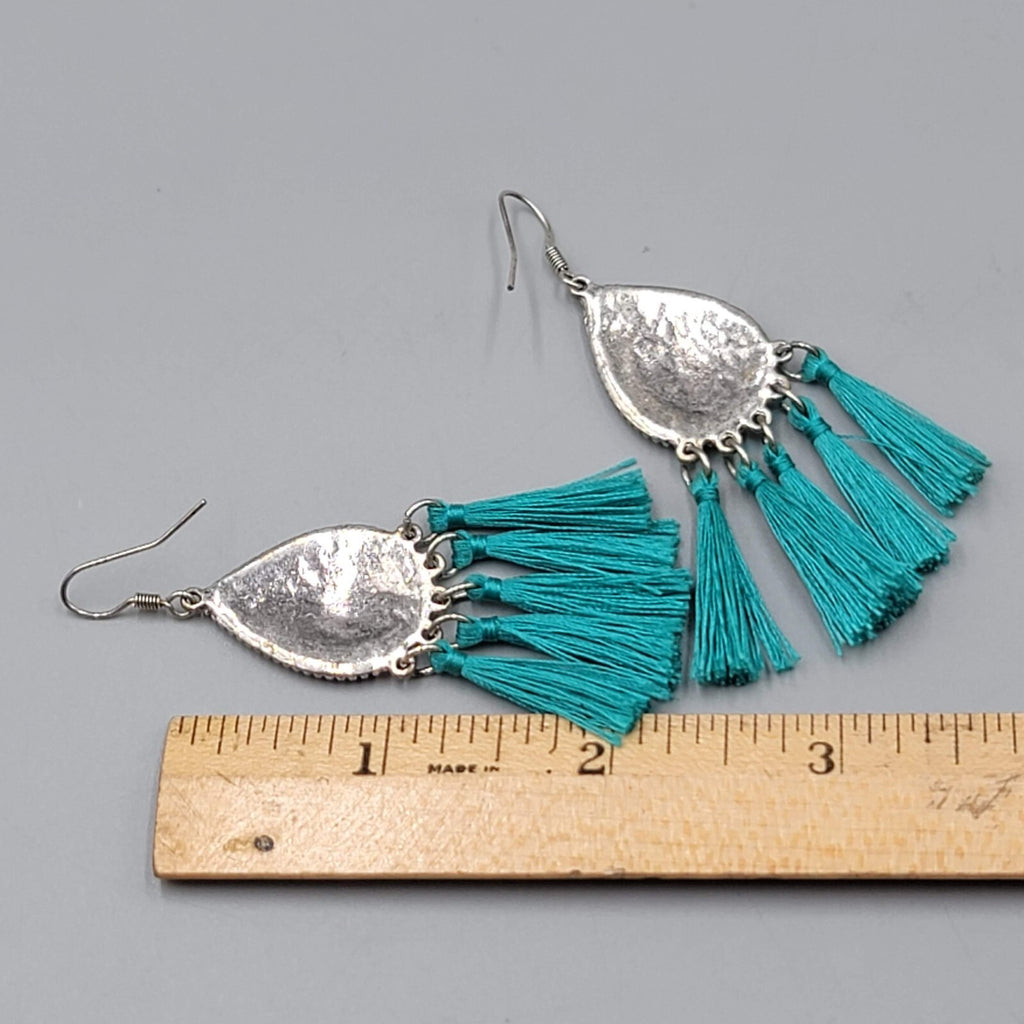 Teal Blue Tassel Rhinestone Pierced Earrings Silver tone Dangle 2.25"