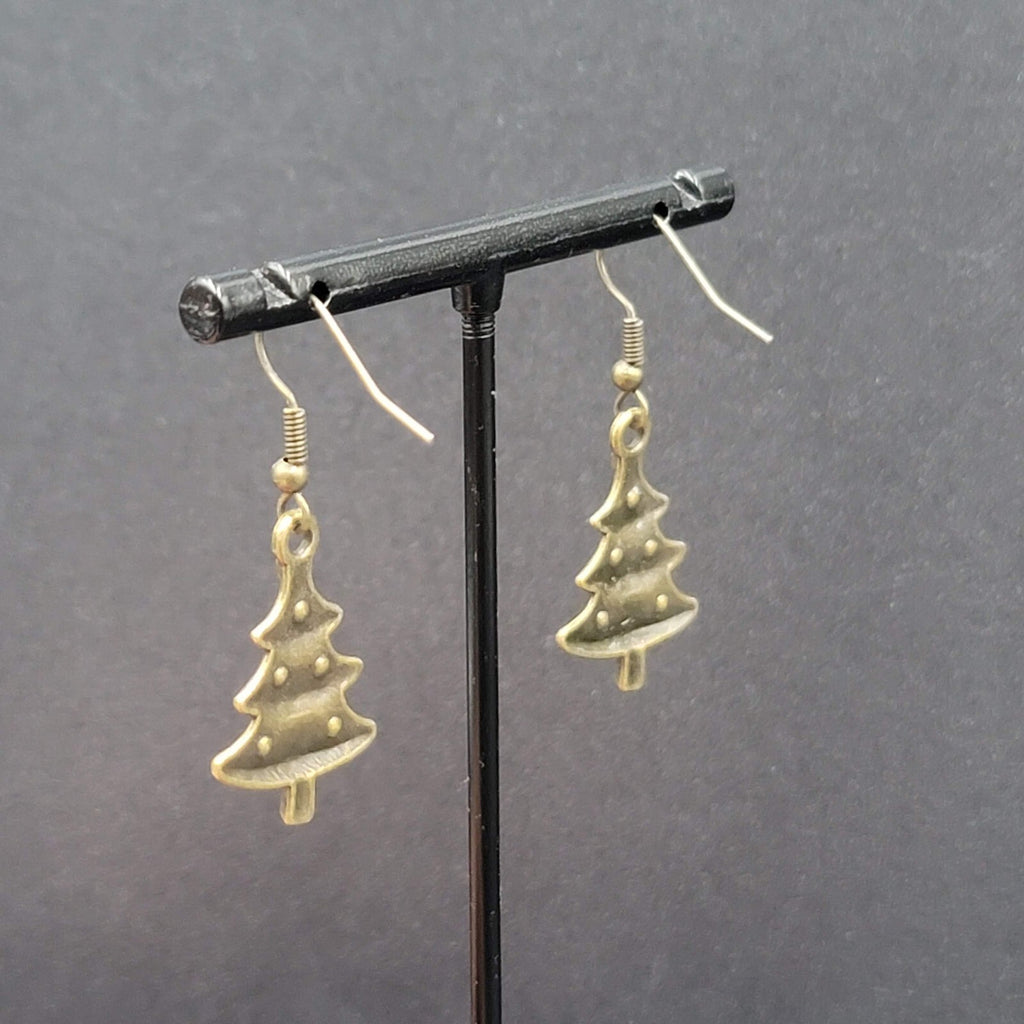 New Christmas Tree Pierced Earrings Embossed Bronze tone Dangle 1"