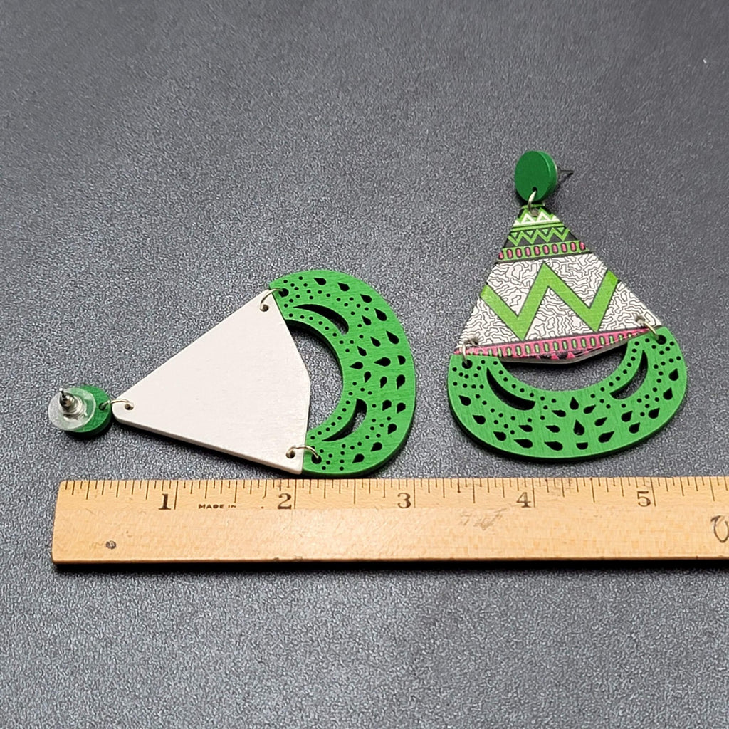 Pierced Earrings Green Multicolor Wood Statement Dangle Large 3"