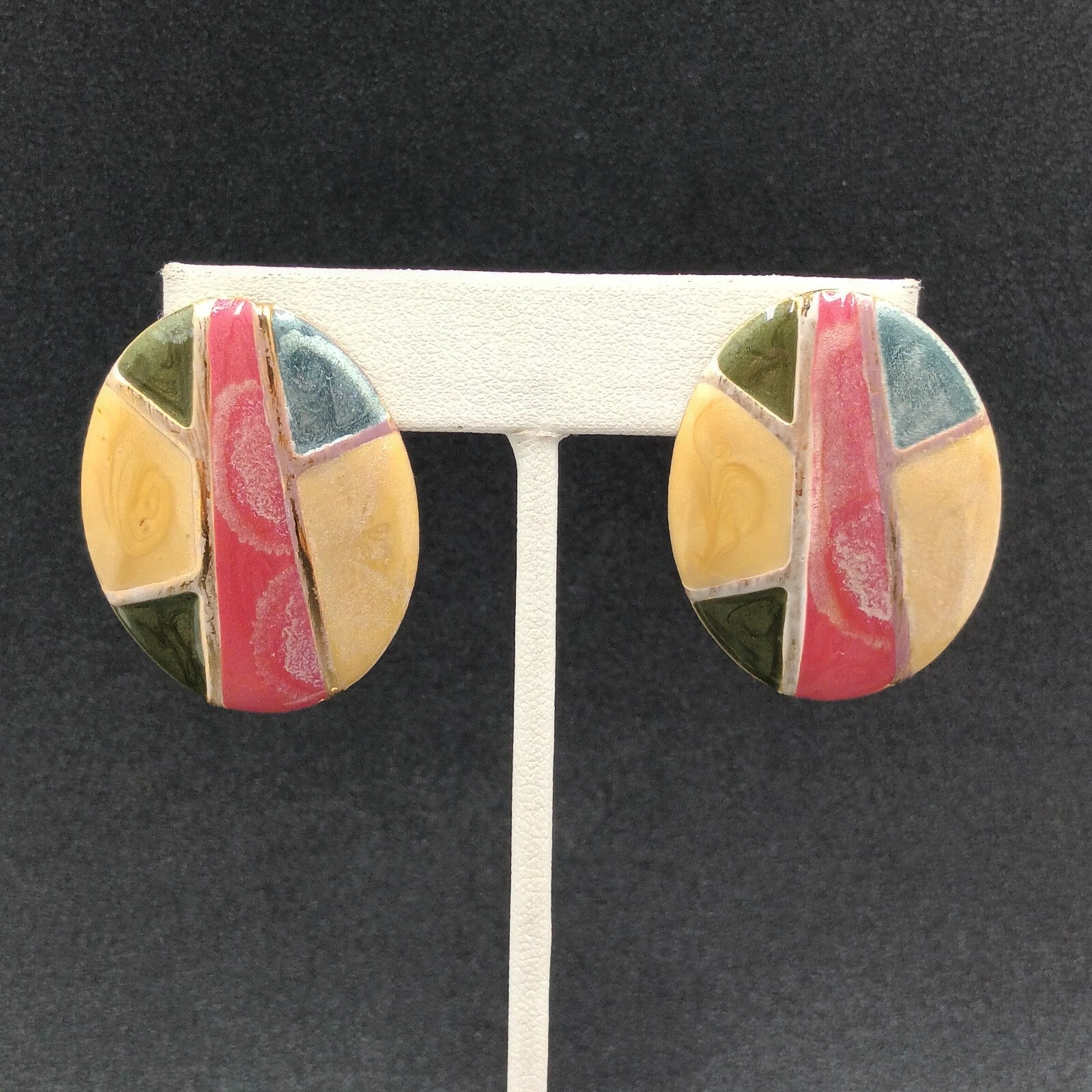 Vintage Pierced Earrings Multicolor Enamel Gold tone Oval Statement Drop 1.5"