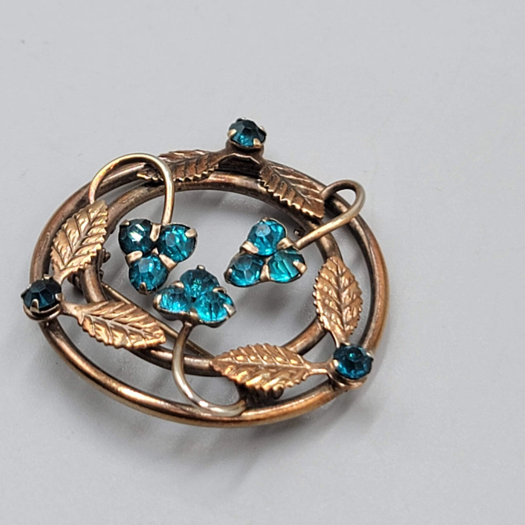 Vintage Blue Rhinestone Brooch Leaves Flowers 1.5"