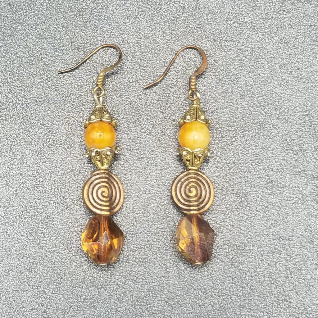 Pierced Earrings Coppertone Metal Faceted Crystal Beaded Dangle 1 1/2"