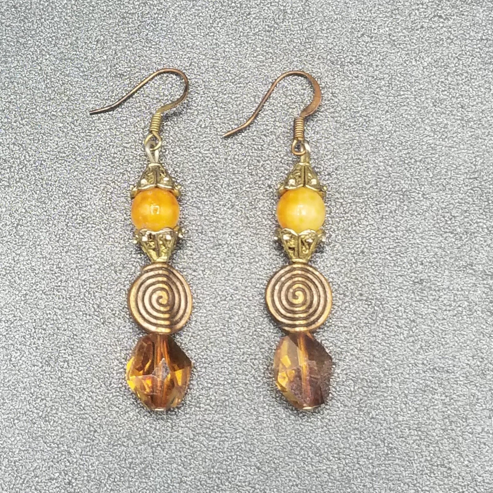 Pierced Earrings Coppertone Metal Faceted Crystal Beaded Dangle 1 1/2"