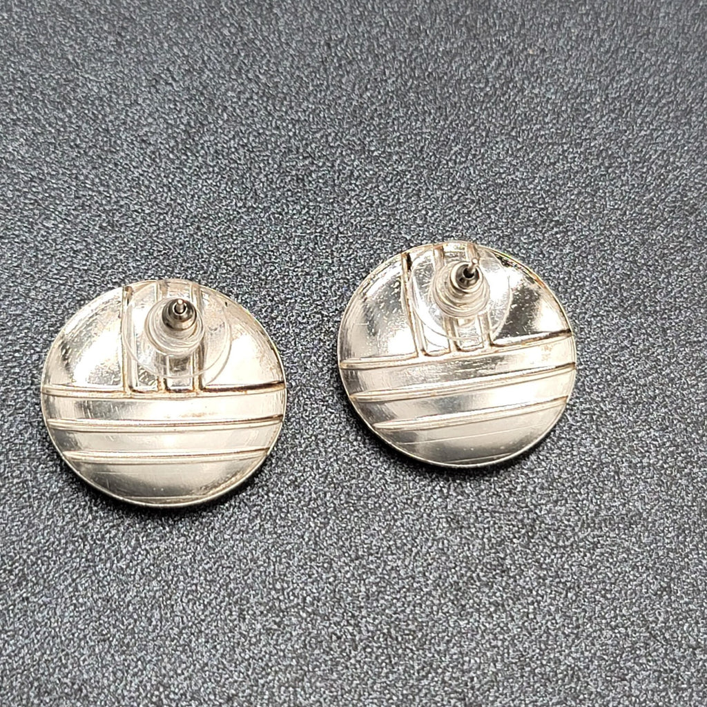 Vintage Pierced Earrings Round Silver tone Peach Tan Enamel 1"