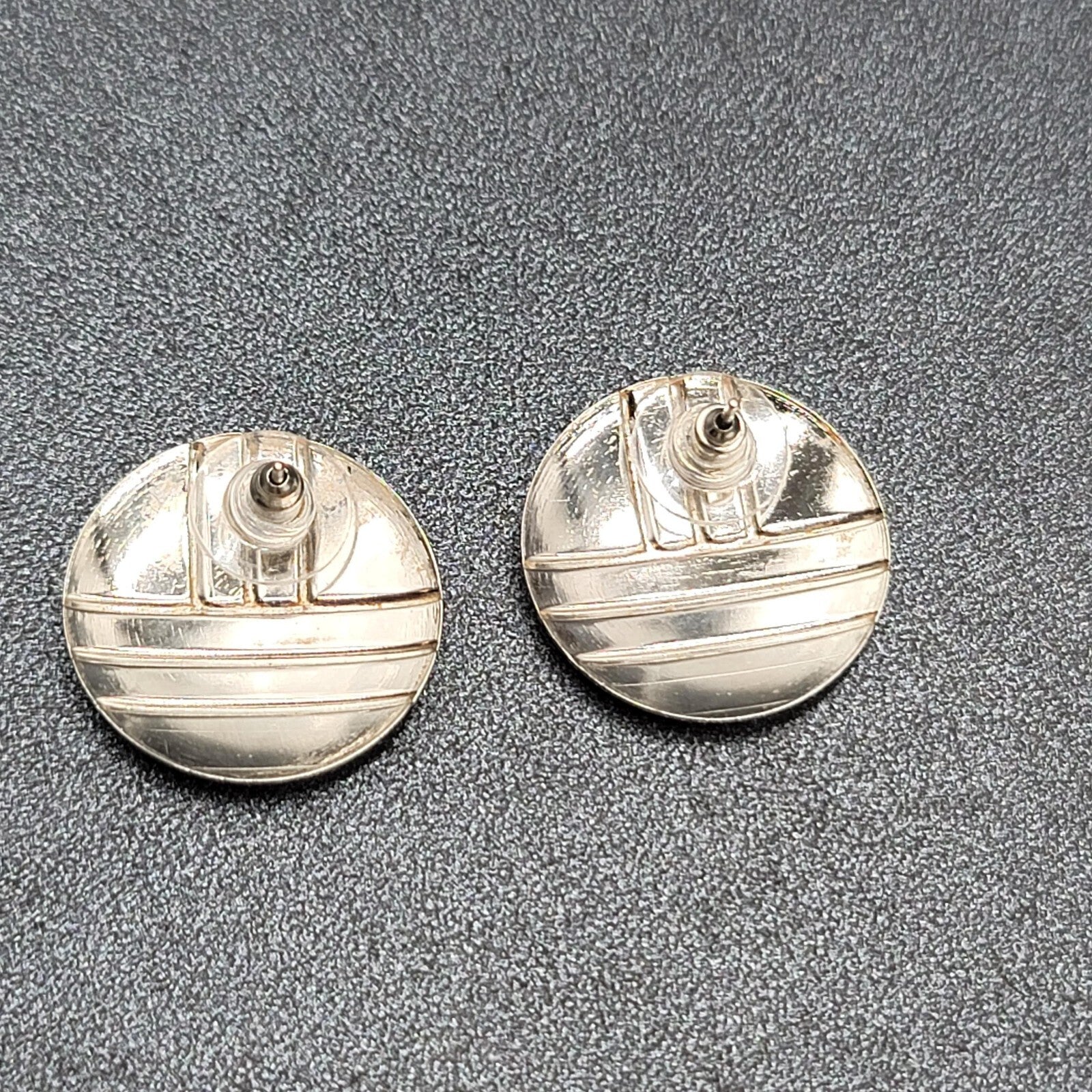 Vintage Pierced Earrings Round Silver tone Peach Tan Enamel 1"