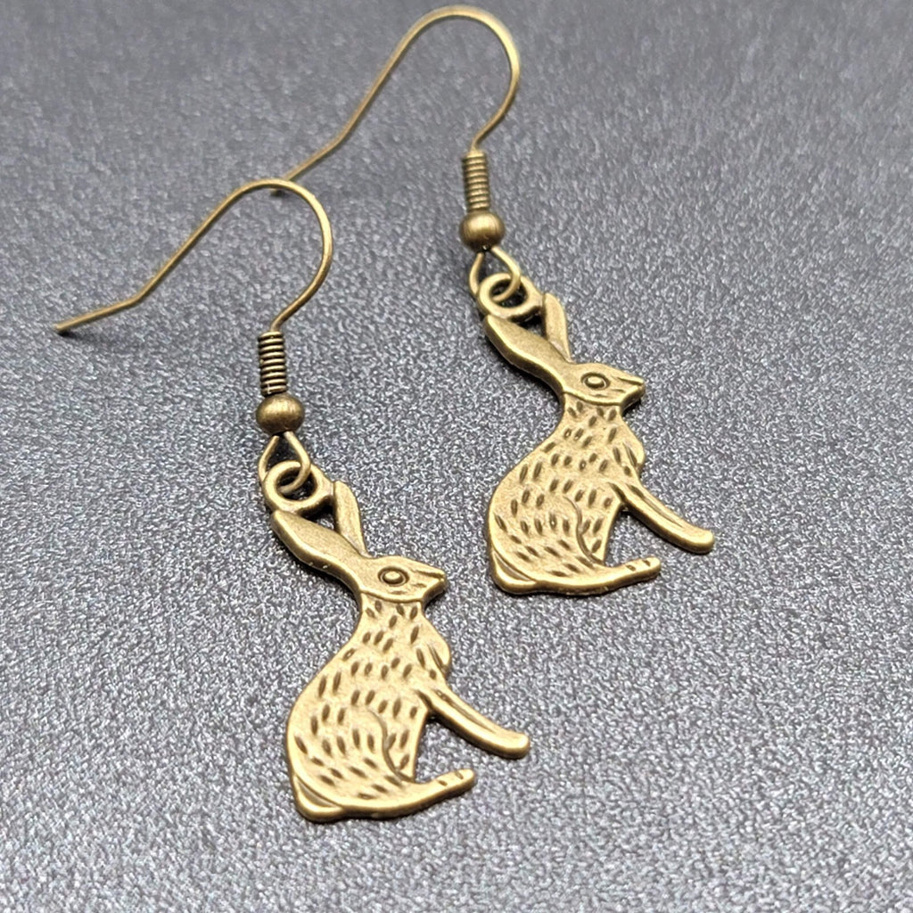 New BUNNY RABBIT Pierced Earrings Bronze tone Dangle Embossed 1"