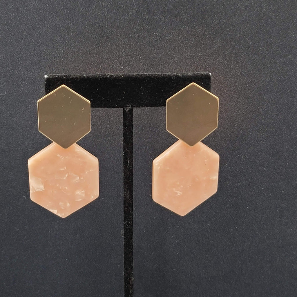 Pierced Earrings Gold tone Pink Resin Geometric Dangle 2.5"
