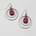 Black Metal Double Rings Pierced Earrings Maroon Bead Dangle 1.25 in