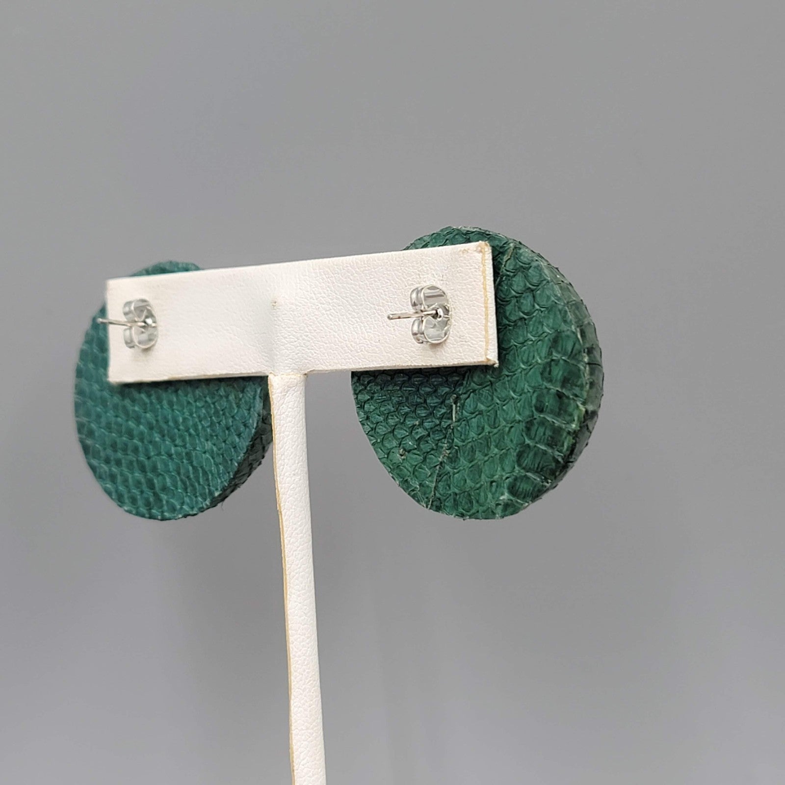 Vintage Green Faux Snake Skin Pierced Earrings Large Dome Statement 1.25 in
