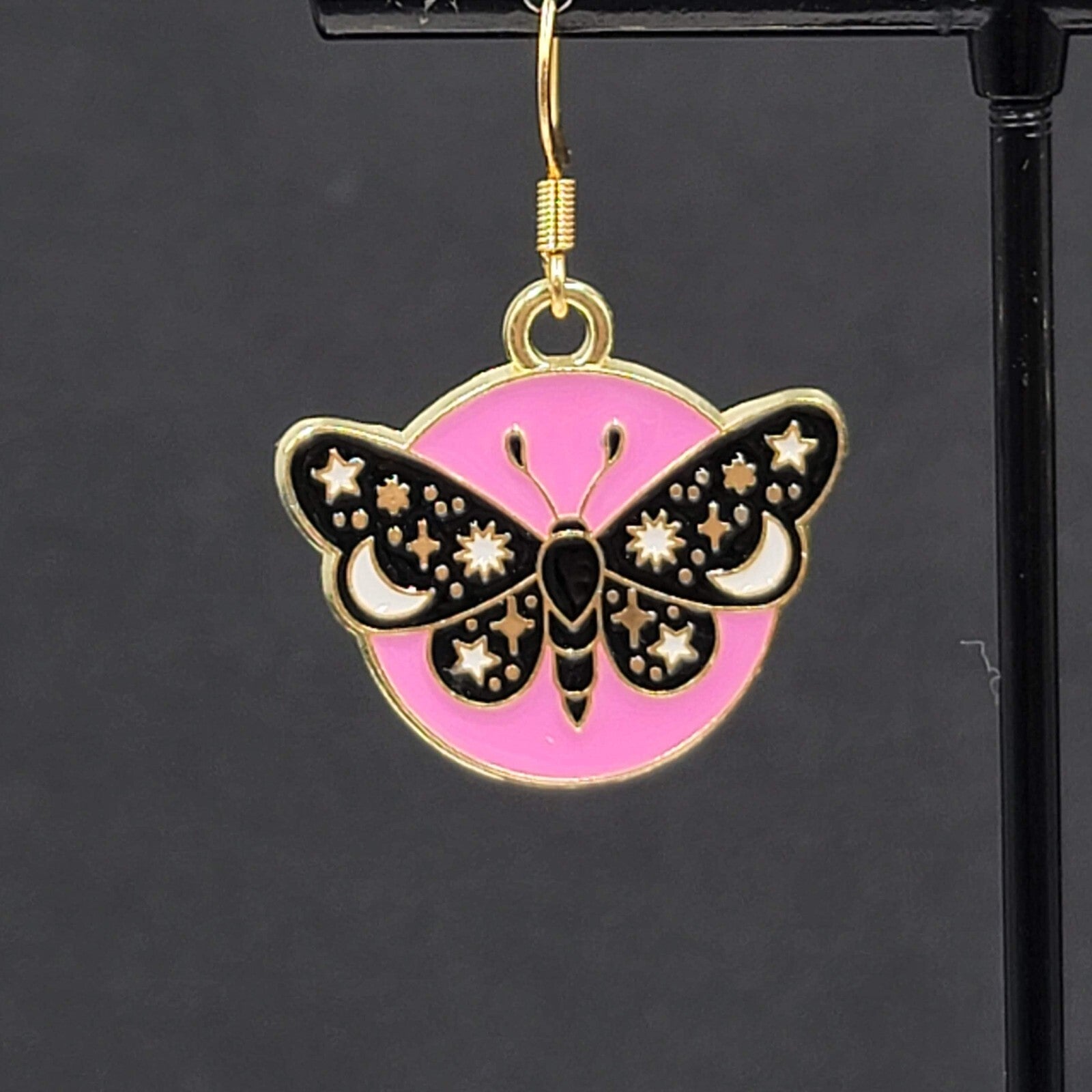 Black Moth Hot Pink Enamel Pierced Earrings Gold tone Dangle Butterfly 7/8"