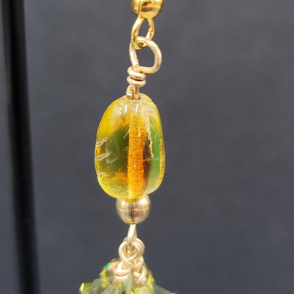 Pierced Earrings Gold tone Art Glass and Green Crystal Beads 1.25"