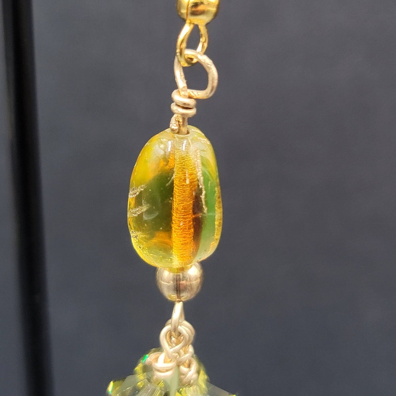 Pierced Earrings Gold tone Art Glass and Green Crystal Beads 1.25"