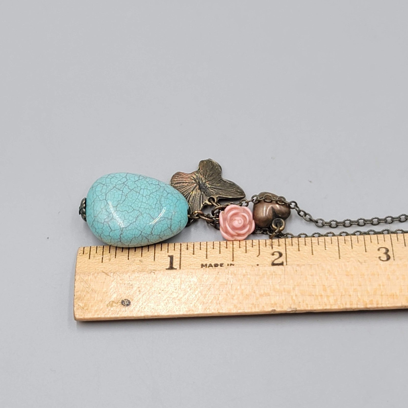 Bronze tone Charm Pendant Necklace Blue Stone Butterfly Heart Flower 16"-18"
