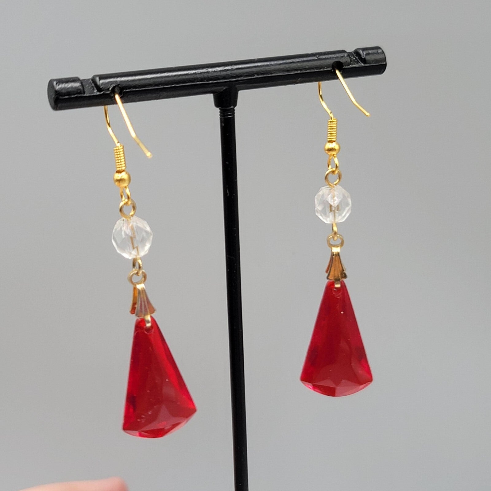Pierced Earrings  Gold tone Red Clear Acrylic Bead Dangle 1.75" Lightweight