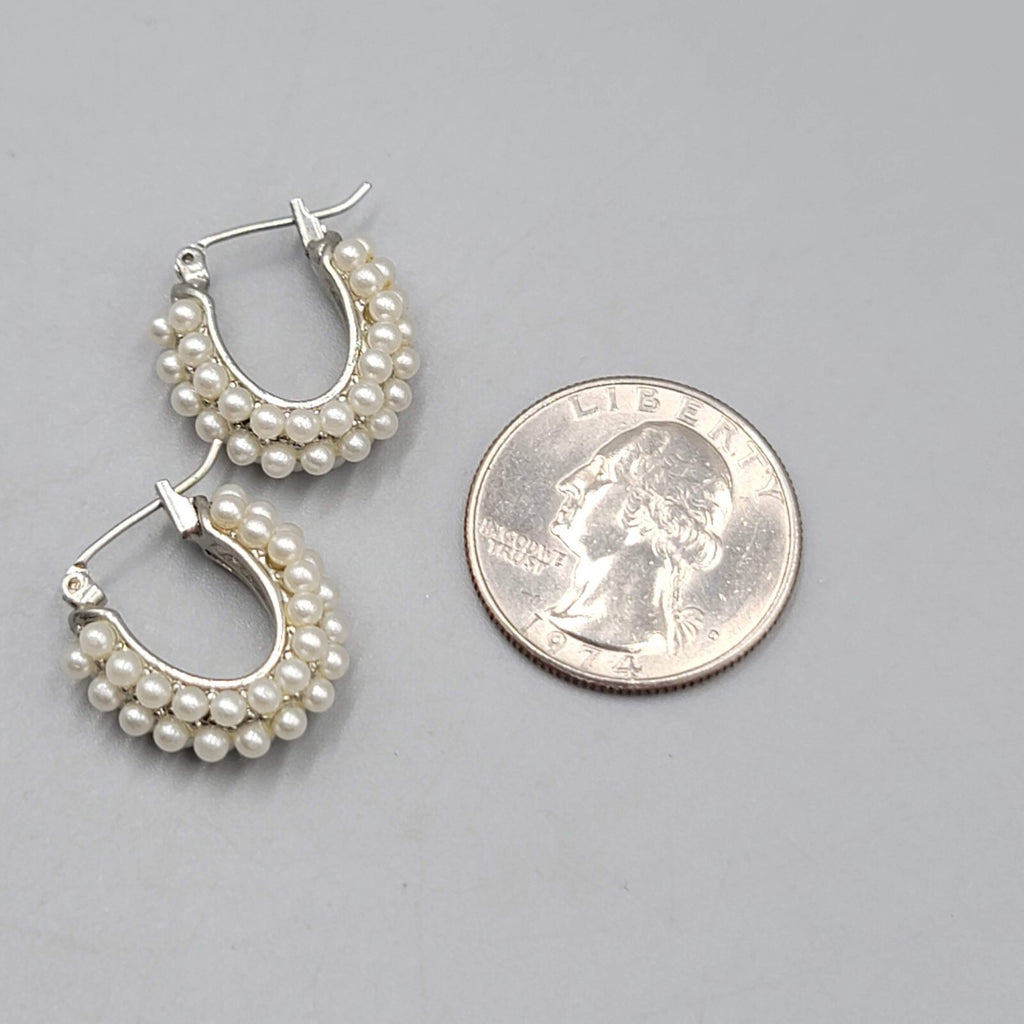 Hoop Pierced Earrings White Beaded Hoops Silver tone 3/4"