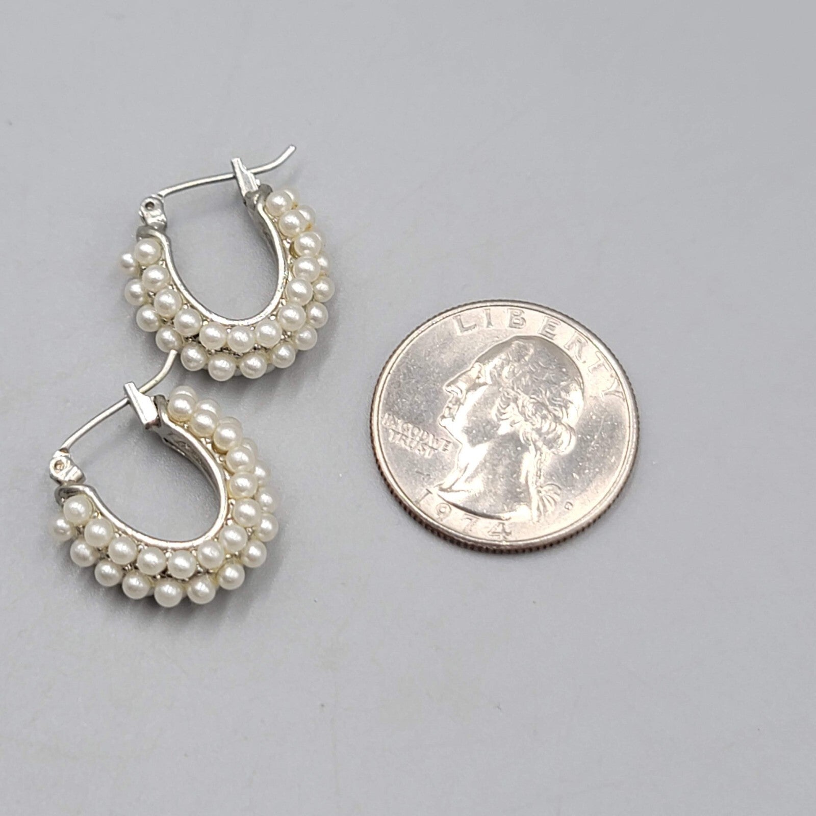 Hoop Pierced Earrings White Beaded Hoops Silver tone 3/4"