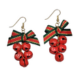 Vintage Christmas Jingle Bells Pierced Earrings Ribbon Gold tone Dangle 2"
