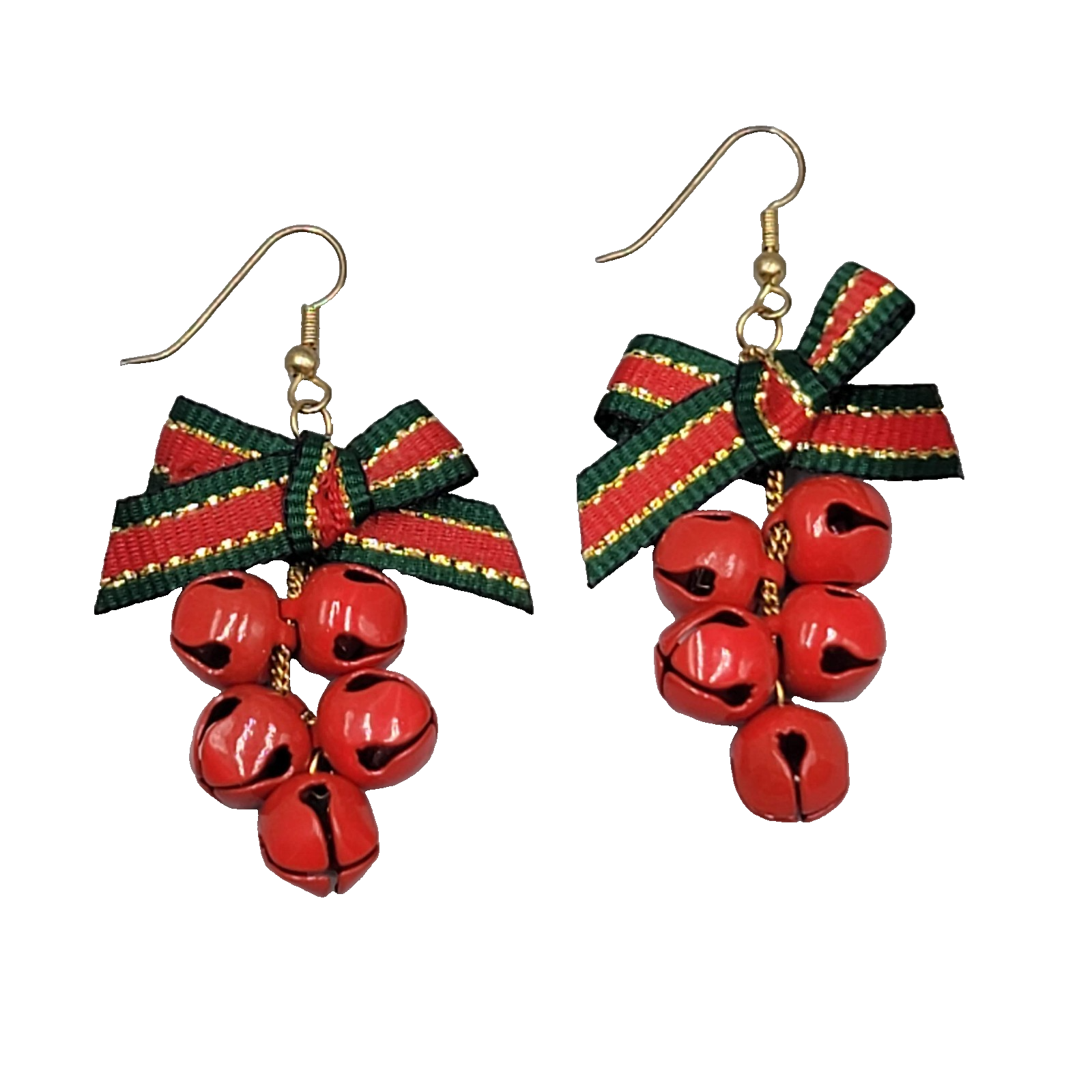 Vintage Christmas Jingle Bells Pierced Earrings Ribbon Gold tone Dangle 2"