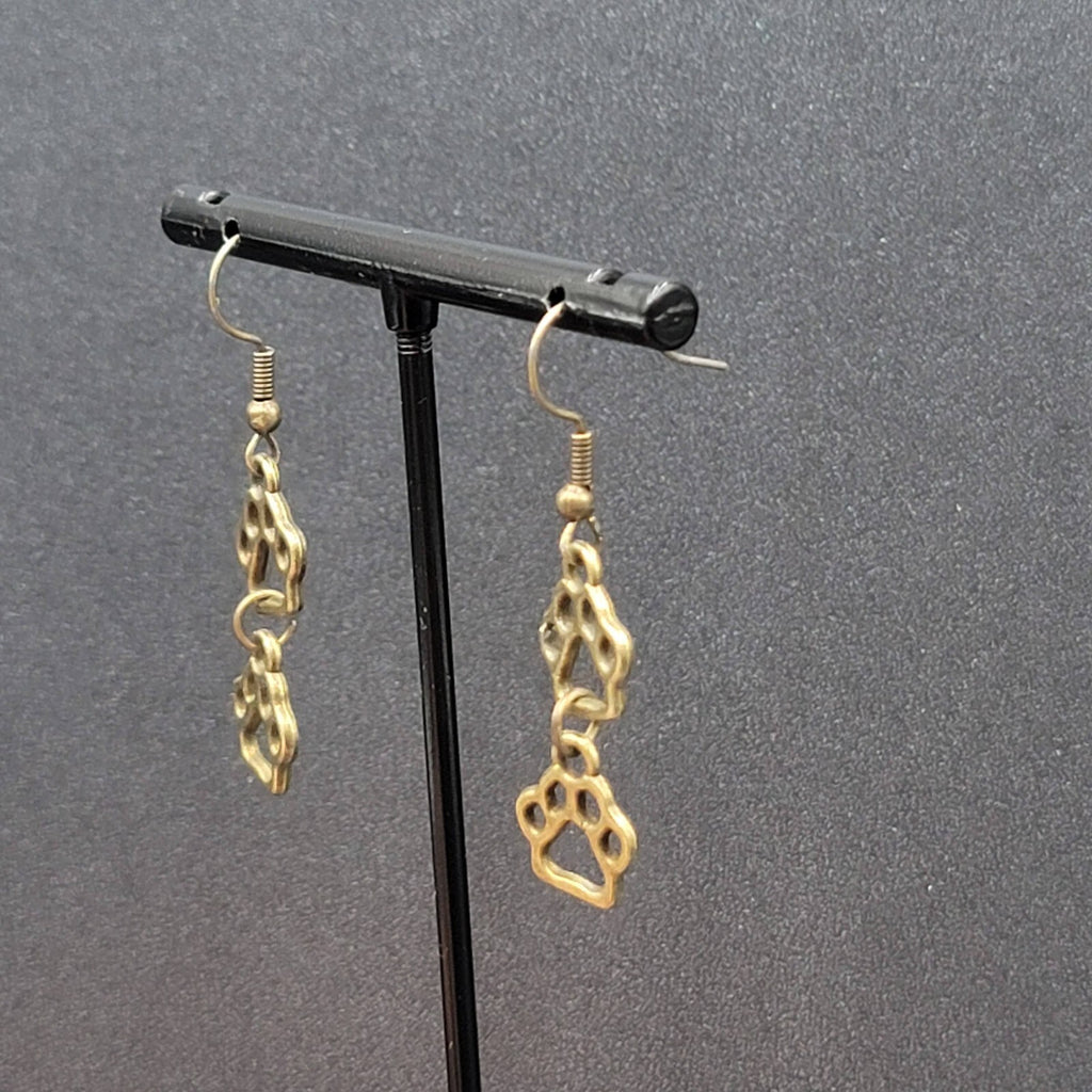 New Pierced Earrings Bronze tone Puppy Dog Paw Prints Dangle 1"