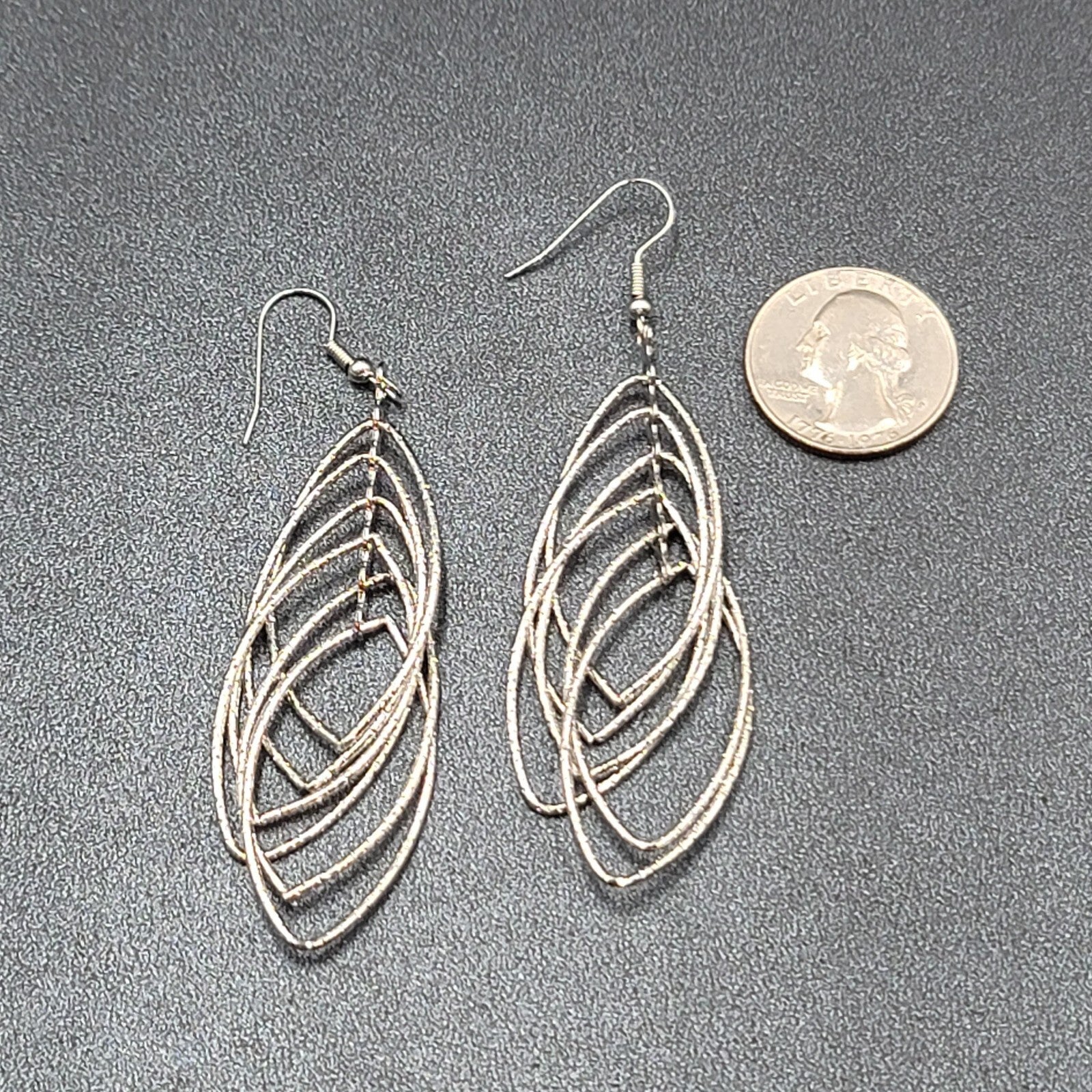 Pierced Earrings Silver tone Textured Concentric Hoops Dangle Statement 2.75"