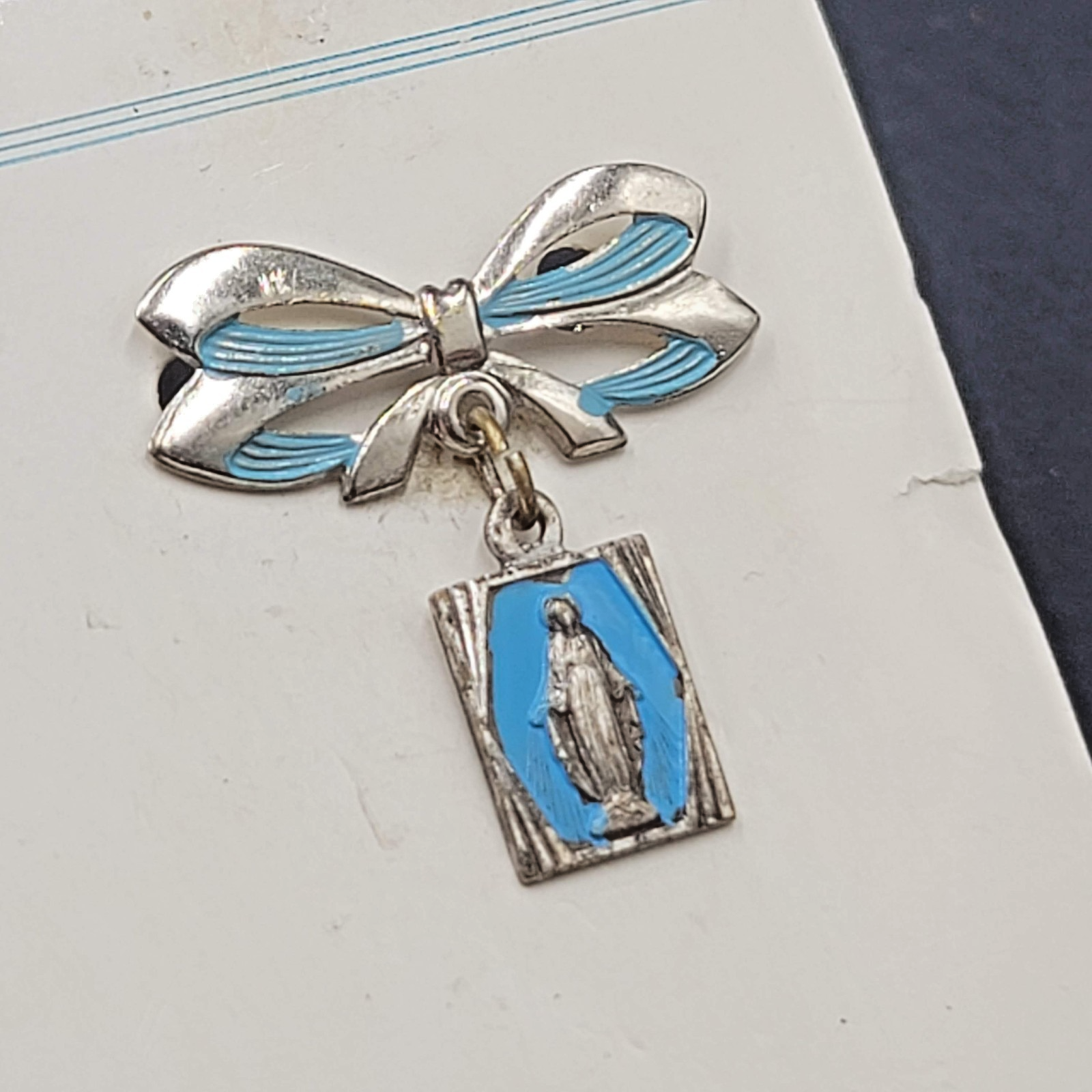 Vintage Mary Pray For Us Medal Silver tone Pin 1.25"