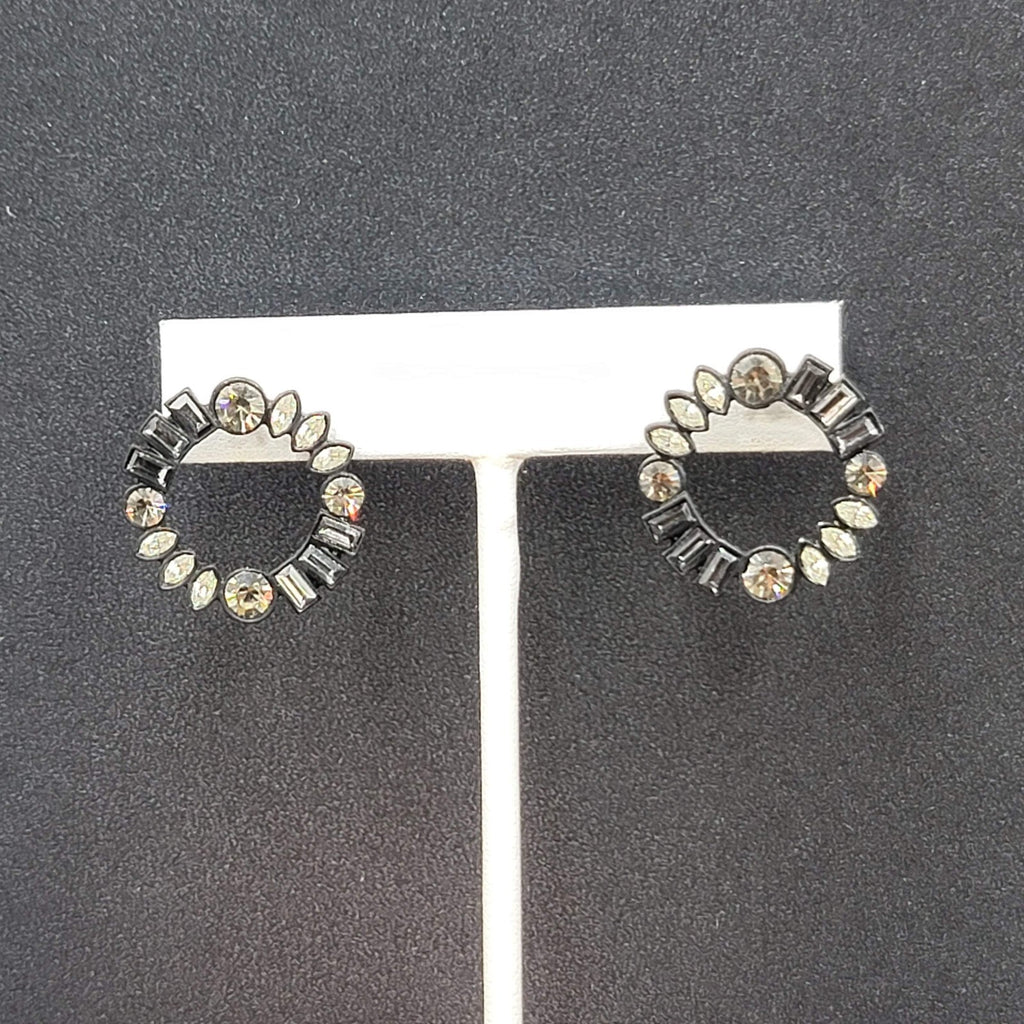 Pierced Earrings Black Circle Clear Gray Rhinestone Wreath 7/8"