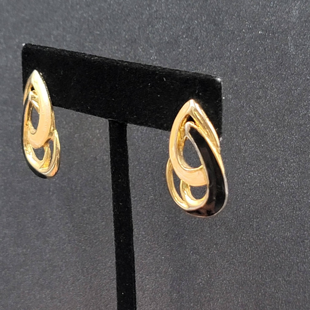 Vintage Pierced Earrings Black Cream Enamel Double Teardrop Drop 1"