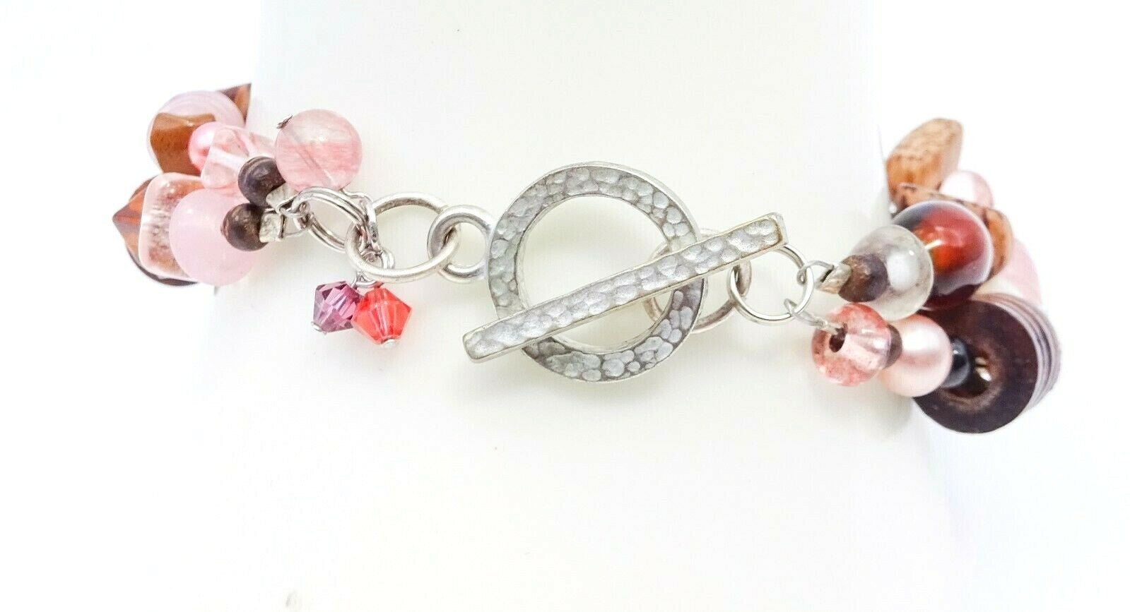 Pink Art Glass Seed Wood Beaded Double Strand Toggle Clasp Bracelet 7 1/2"