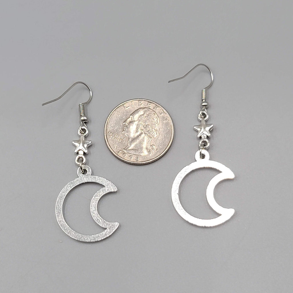 Crescent Moon Stars Pierced Earrings Open Work Silver tone Dangle 1.75"