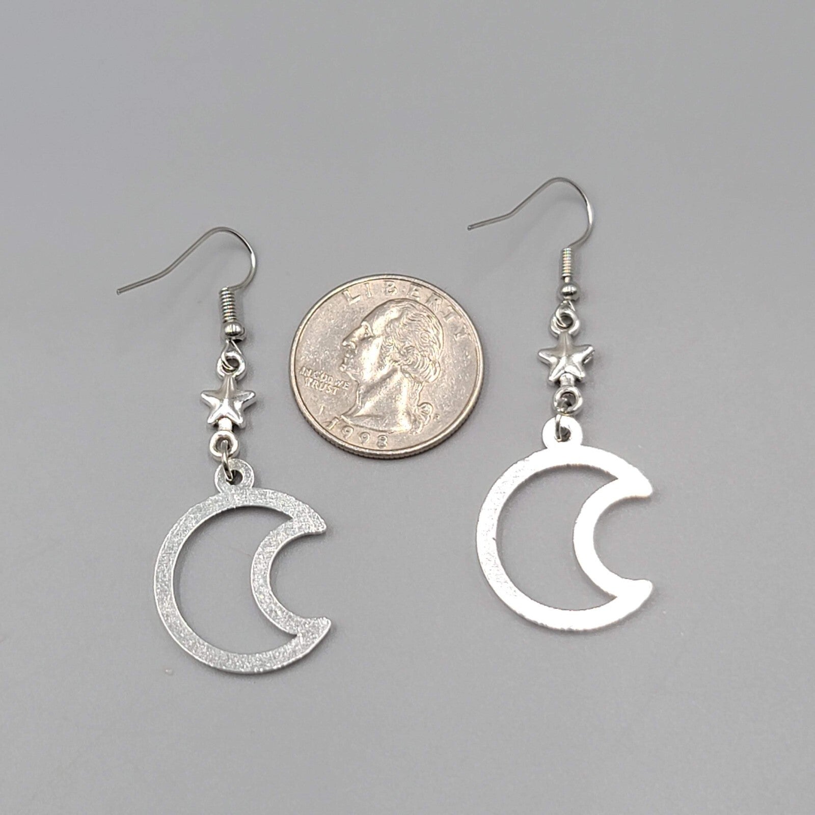 Crescent Moon Stars Pierced Earrings Open Work Silver tone Dangle 1.75"