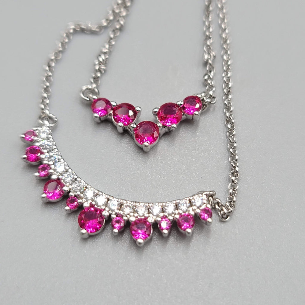 Bomb Party Layer Necklace Dark Pink Crystals Silver Plated 20"
