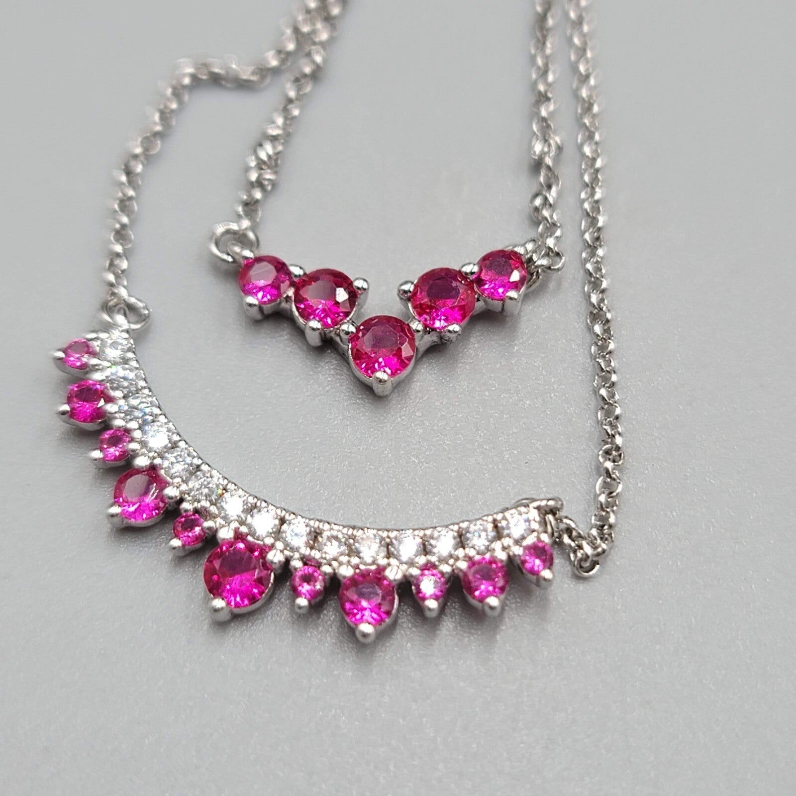 Bomb Party Layer Necklace Dark Pink Crystals Silver Plated 20"