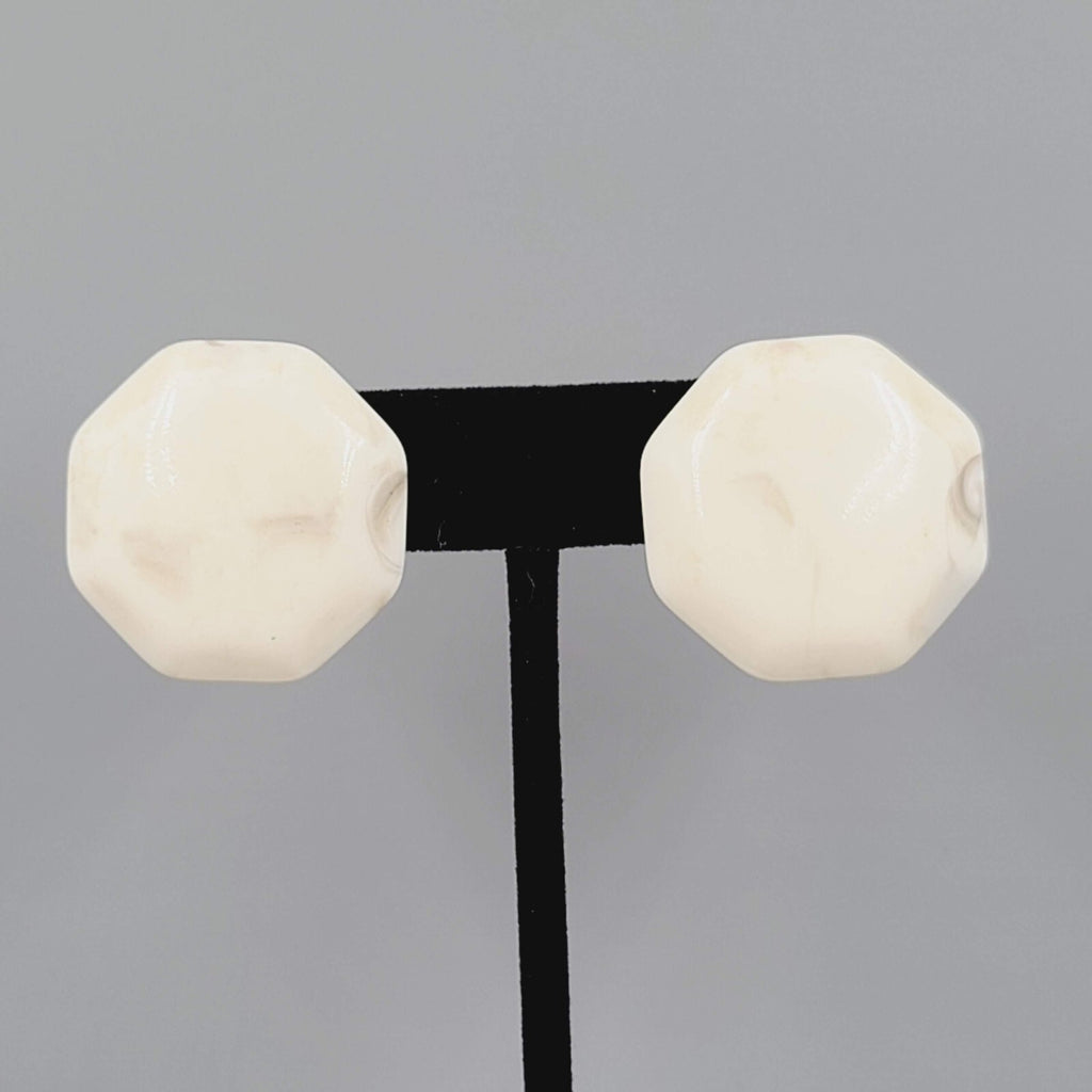 Vintage Pierced Earrings White Gray Marble Look Octagon Drop 1.25"