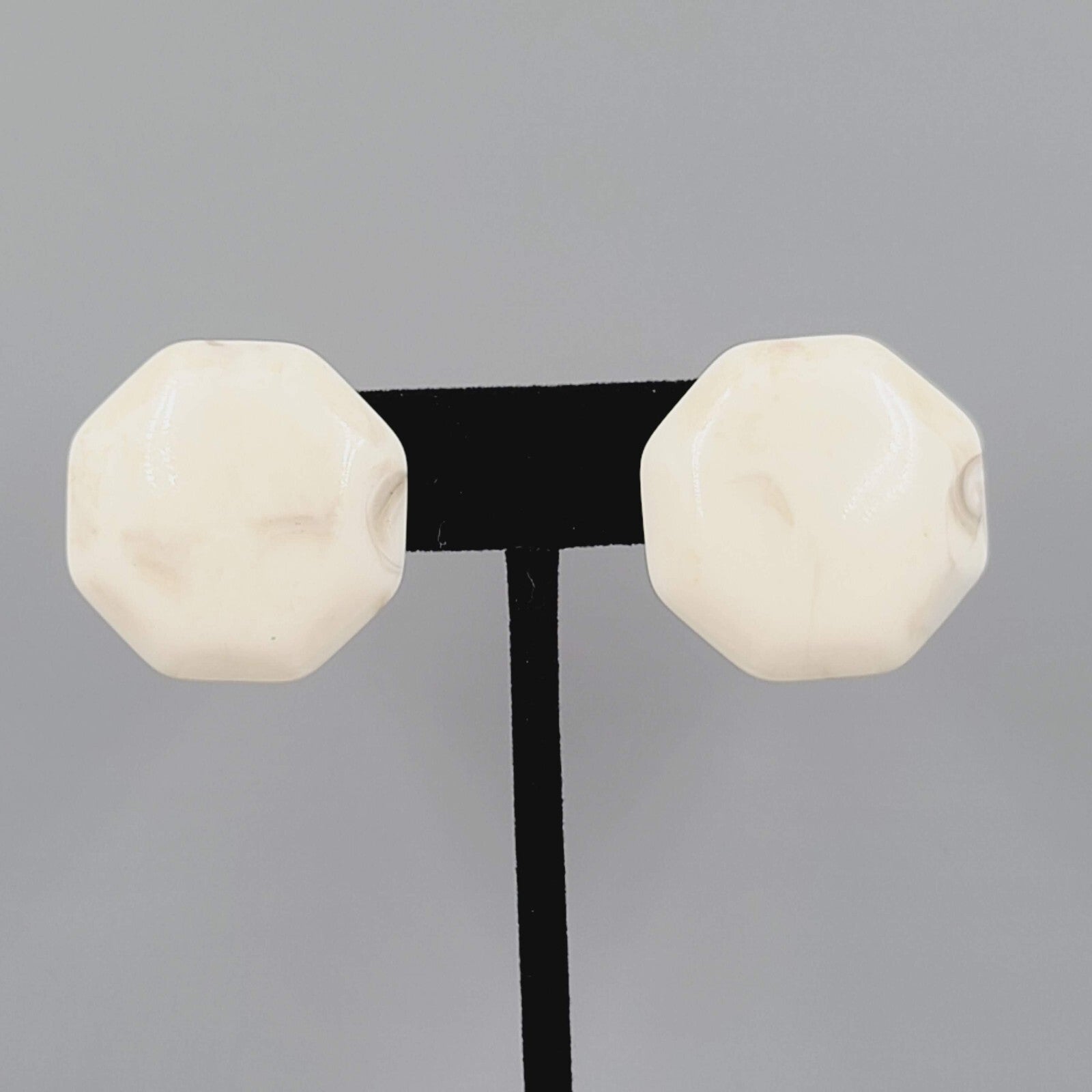 Vintage Pierced Earrings White Gray Marble Look Octagon Drop 1.25"