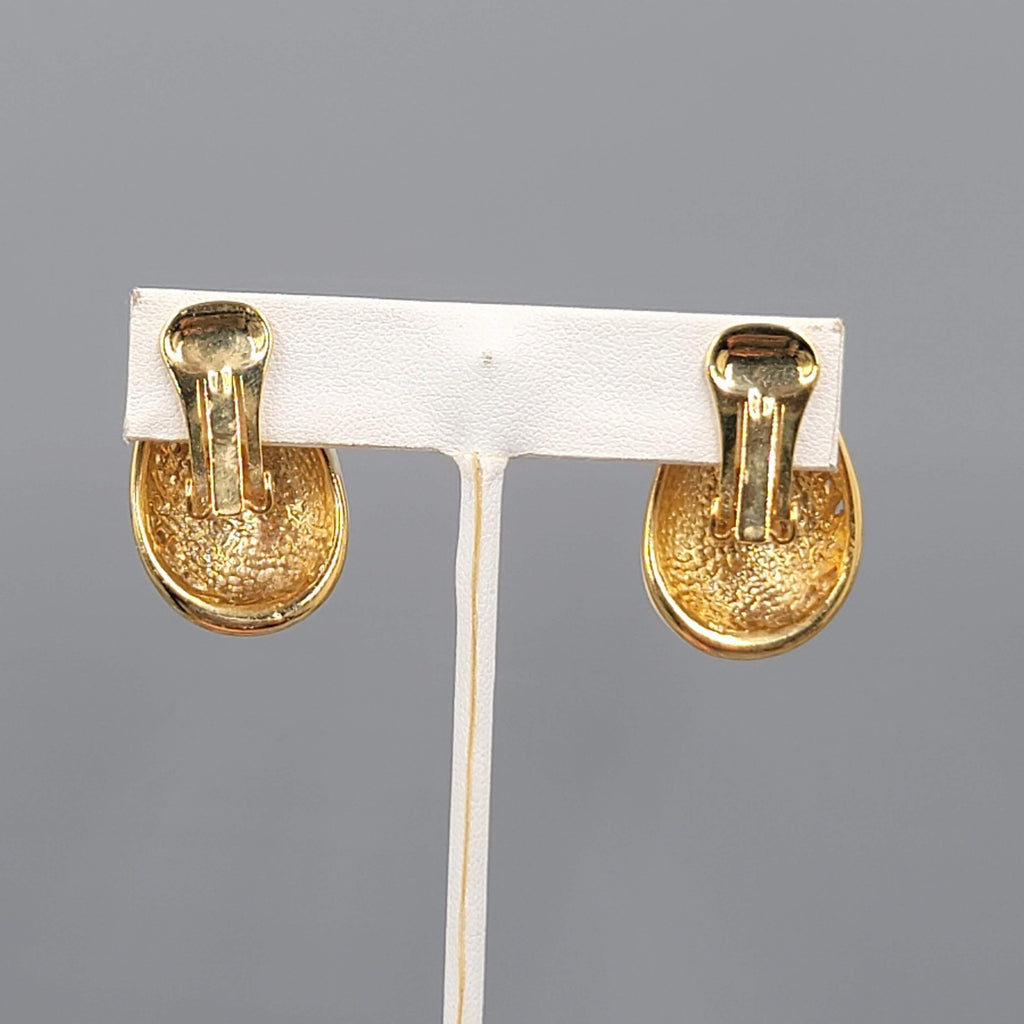 Vintage Enamel Clip on Earrings Gold Plated Yellow Purple Green Swirls 1 1/8"