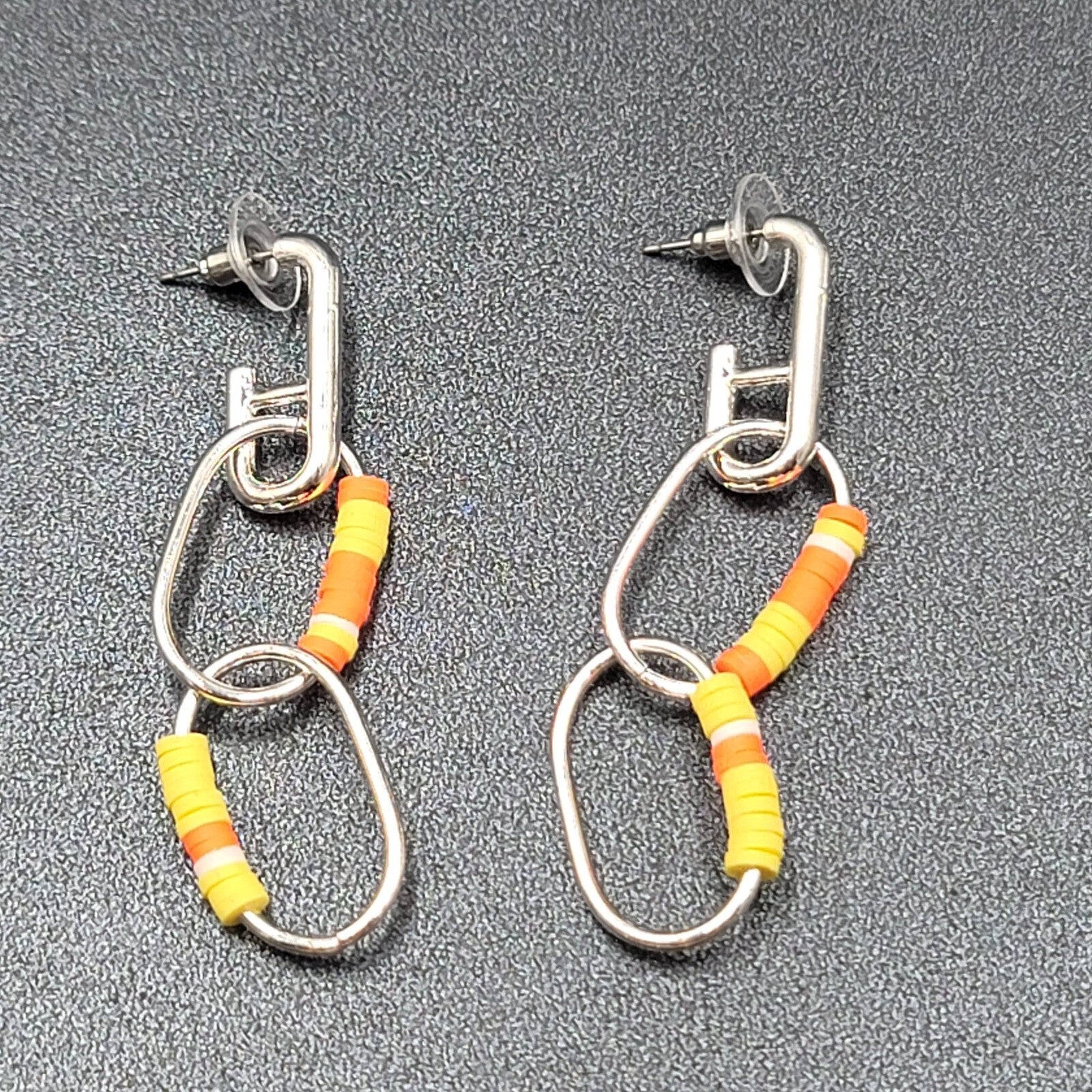 Pierced Earrings Silver tone Dangle Rings Yellow Orange Beads 2.75"