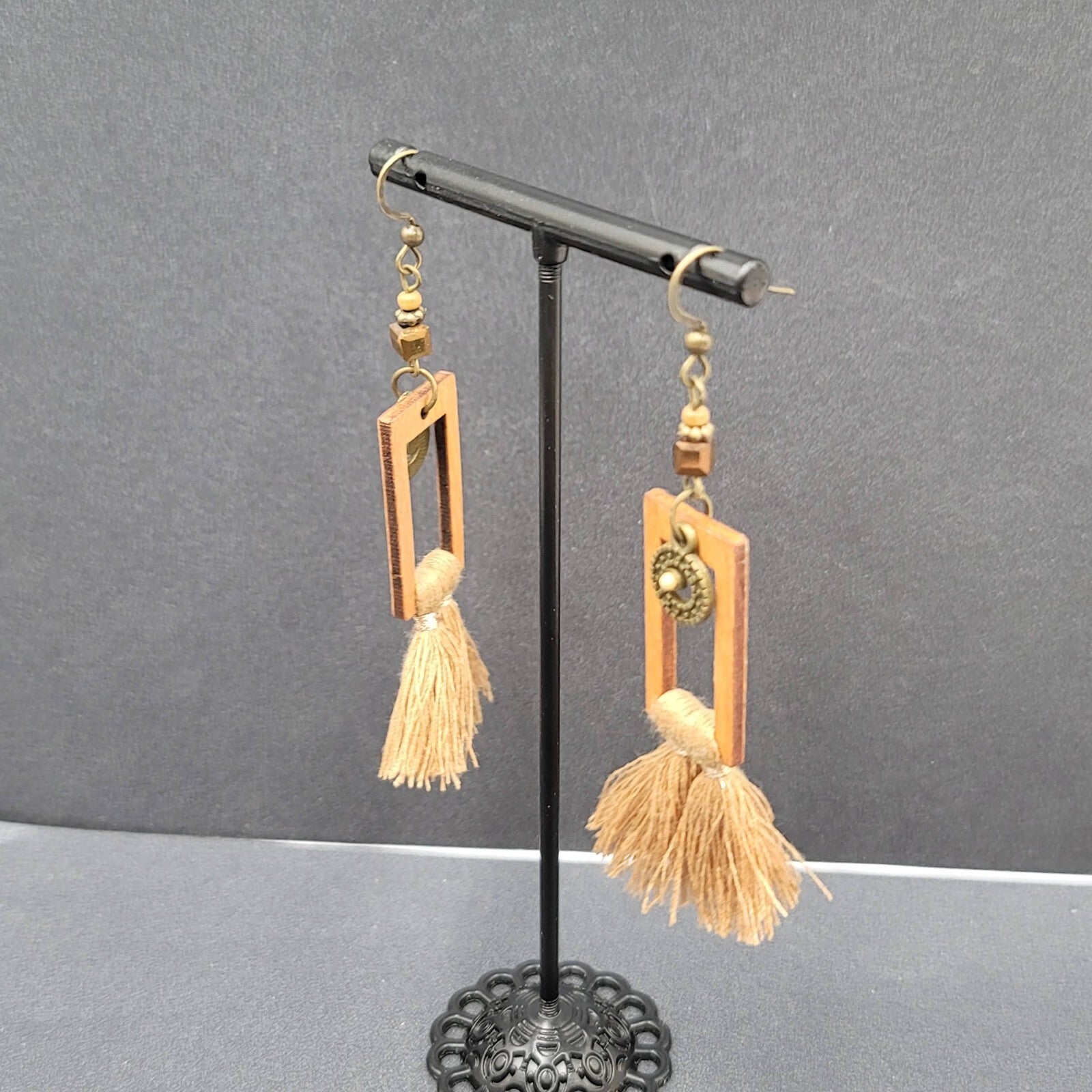 Tassel Pierced Earrings Bronze tone Wood Rectangle Dangle 2.5"