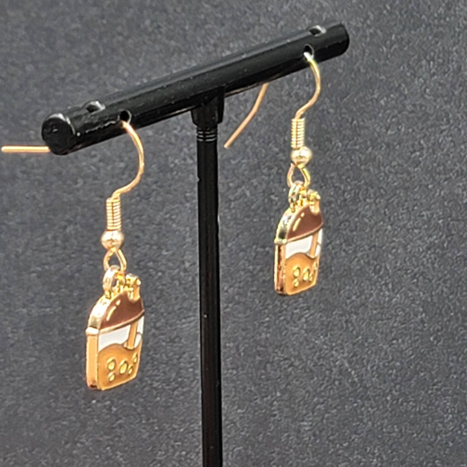 Boba Tea Pierced Earrings Gold tone Coffee Drink Dangle Enamel 1/2"