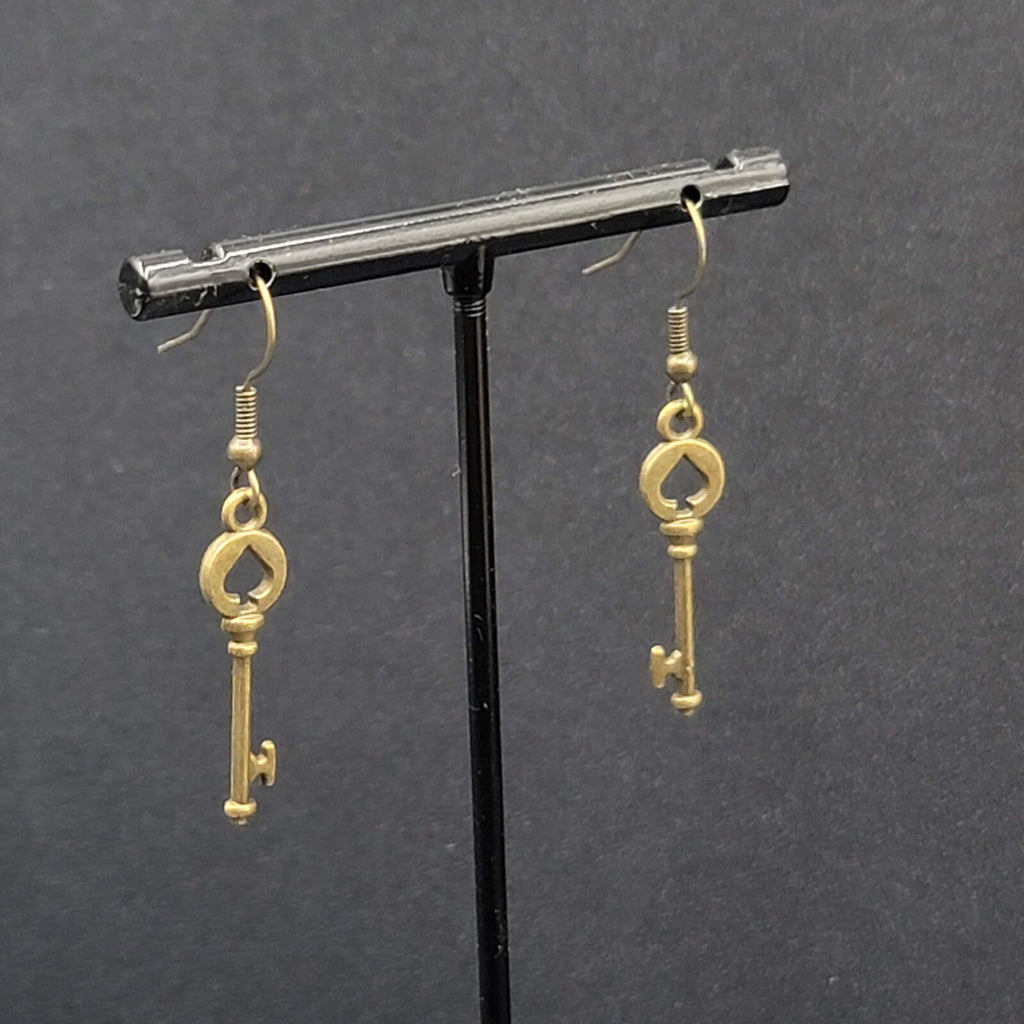 New Pierced Earrings Spade Skeleton Key Bronze tone Dangle 1 1/8"