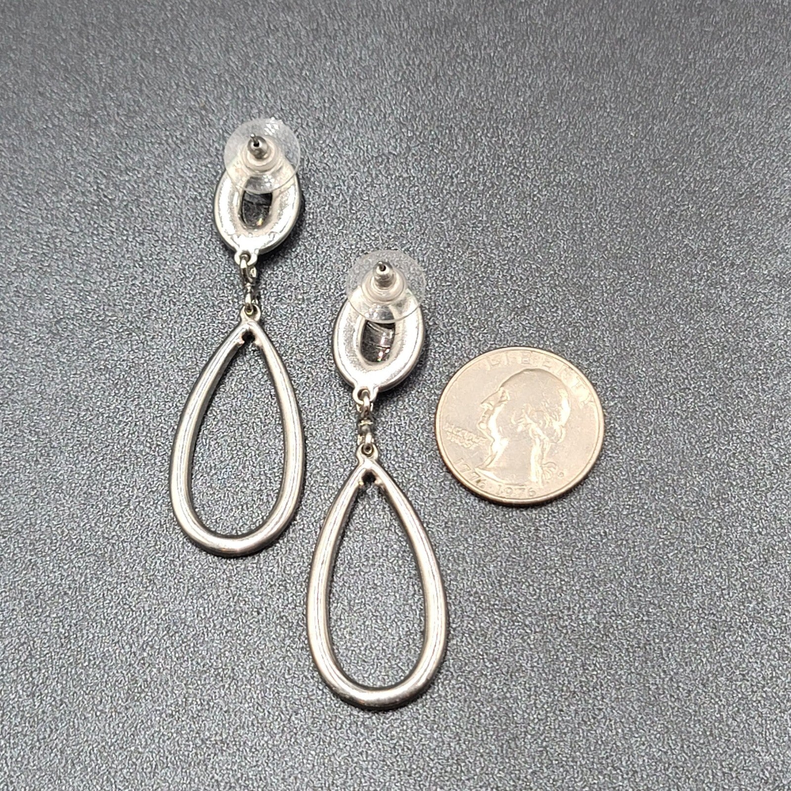 Pierced Earrings Silver tone Black Accent Crystal Rhinestones Dangle 2.5"