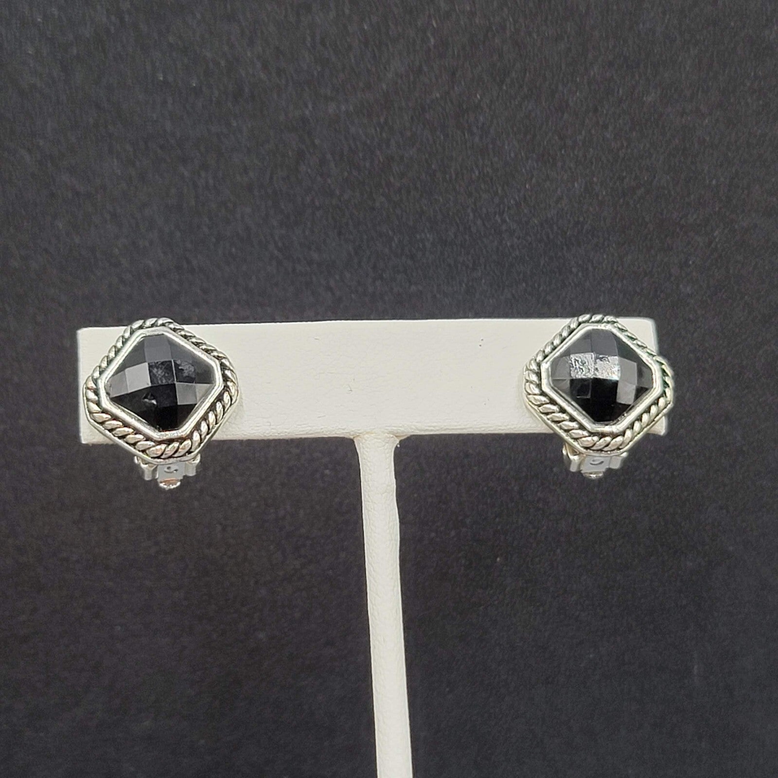 Clip on Earrings Silver tone Black Faceted Square Studs 5/8"