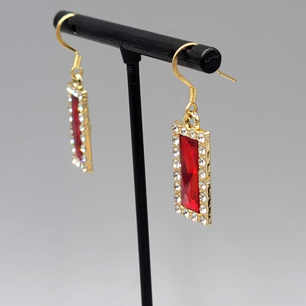 Red Rhinestone Rectangle Pierced Earrings Gold tone Dangle 7/8"