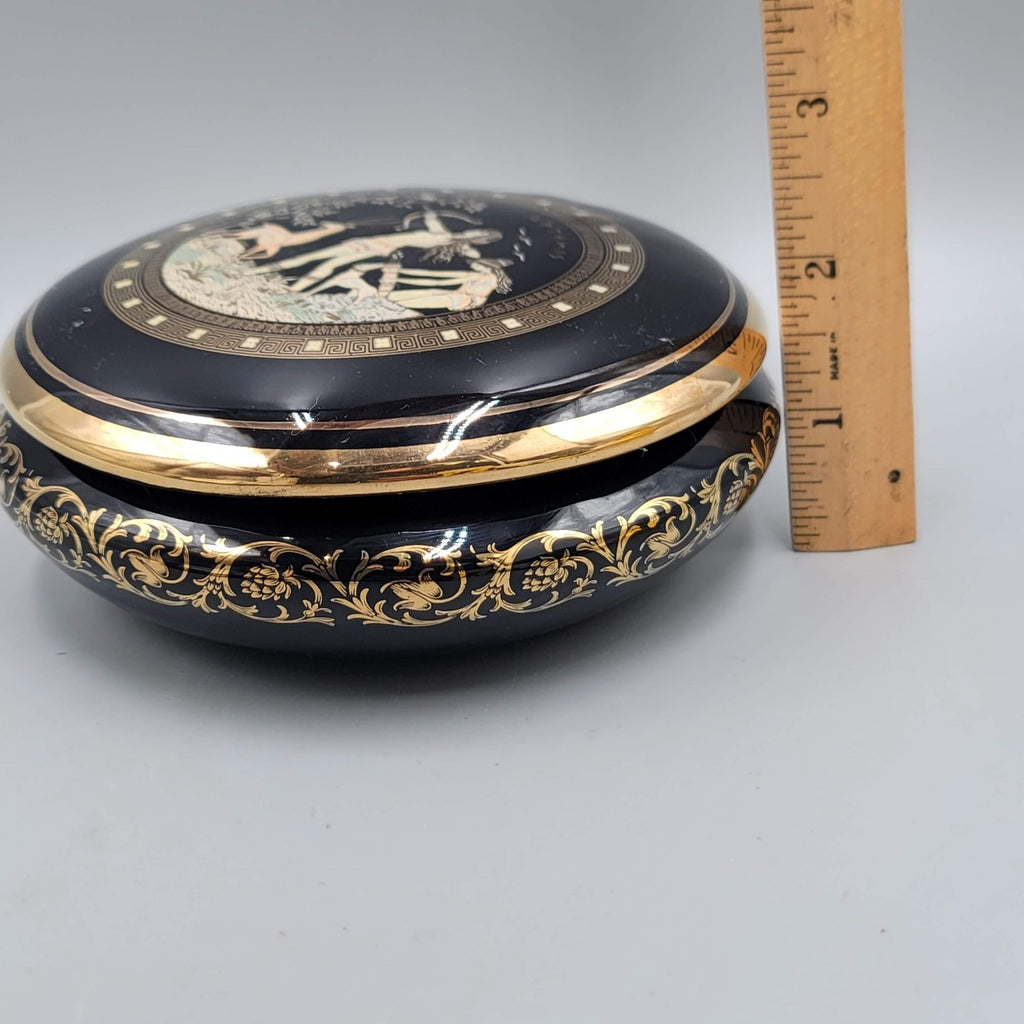 Fintias Greek Ceramic Lidded Trinket Jewelry Box Artemis Black 24K Gold Handmade