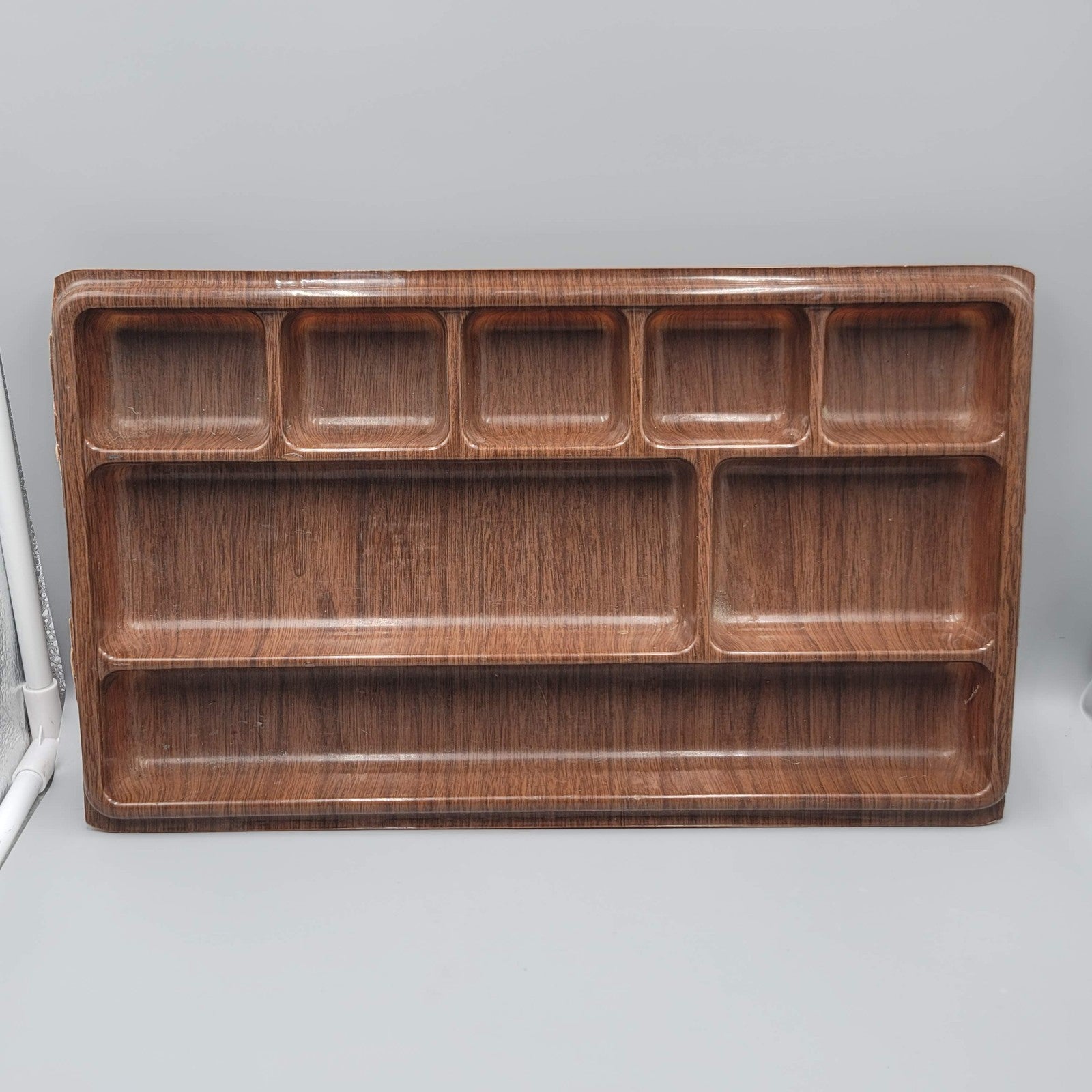 Vtg MCM Max Klein Desk Drawer Organizer Tray Brown Plastic Wood Grain 16" x 9.5”
