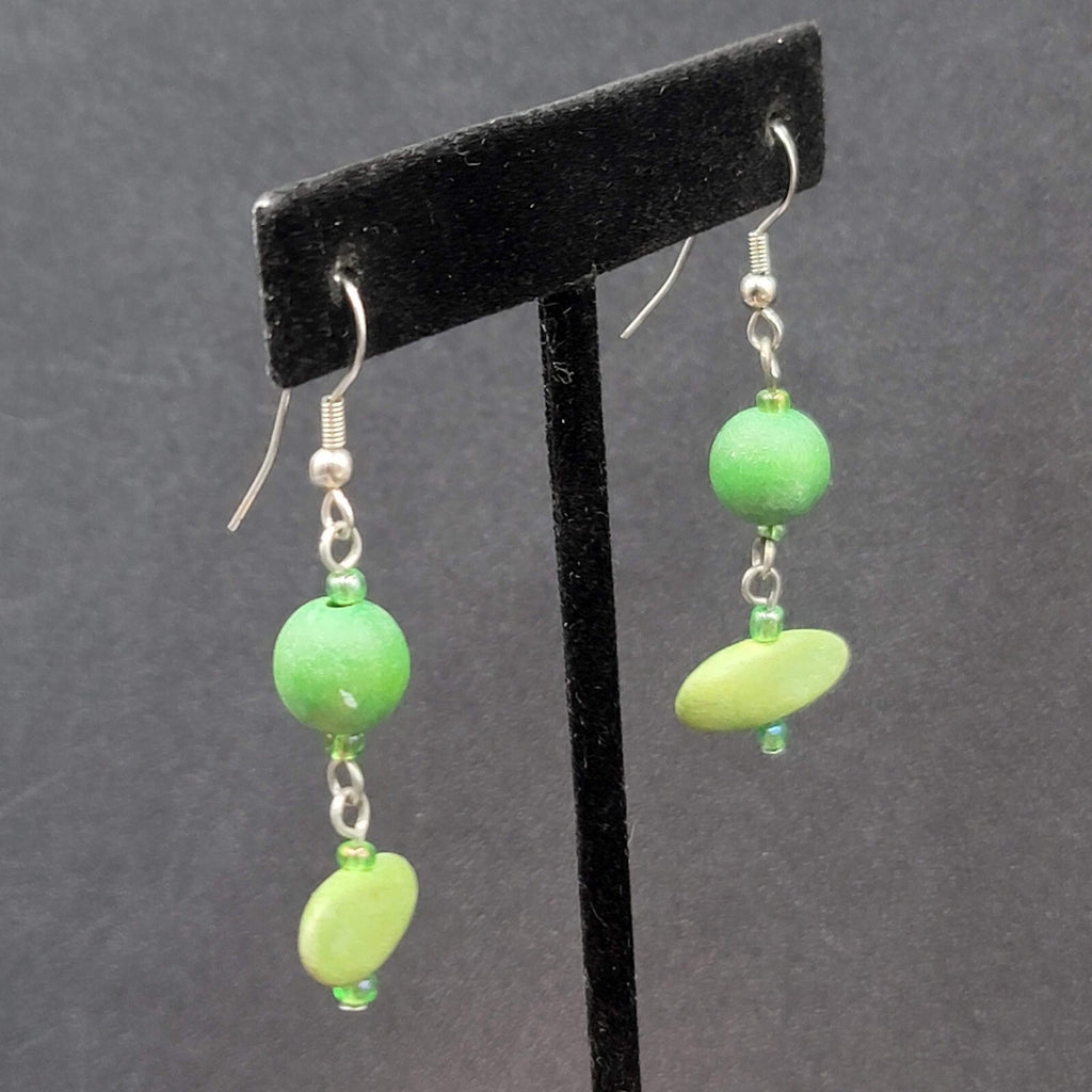Pierced Earrings Silver tone Green Wood Bead Dangle 1.5"
