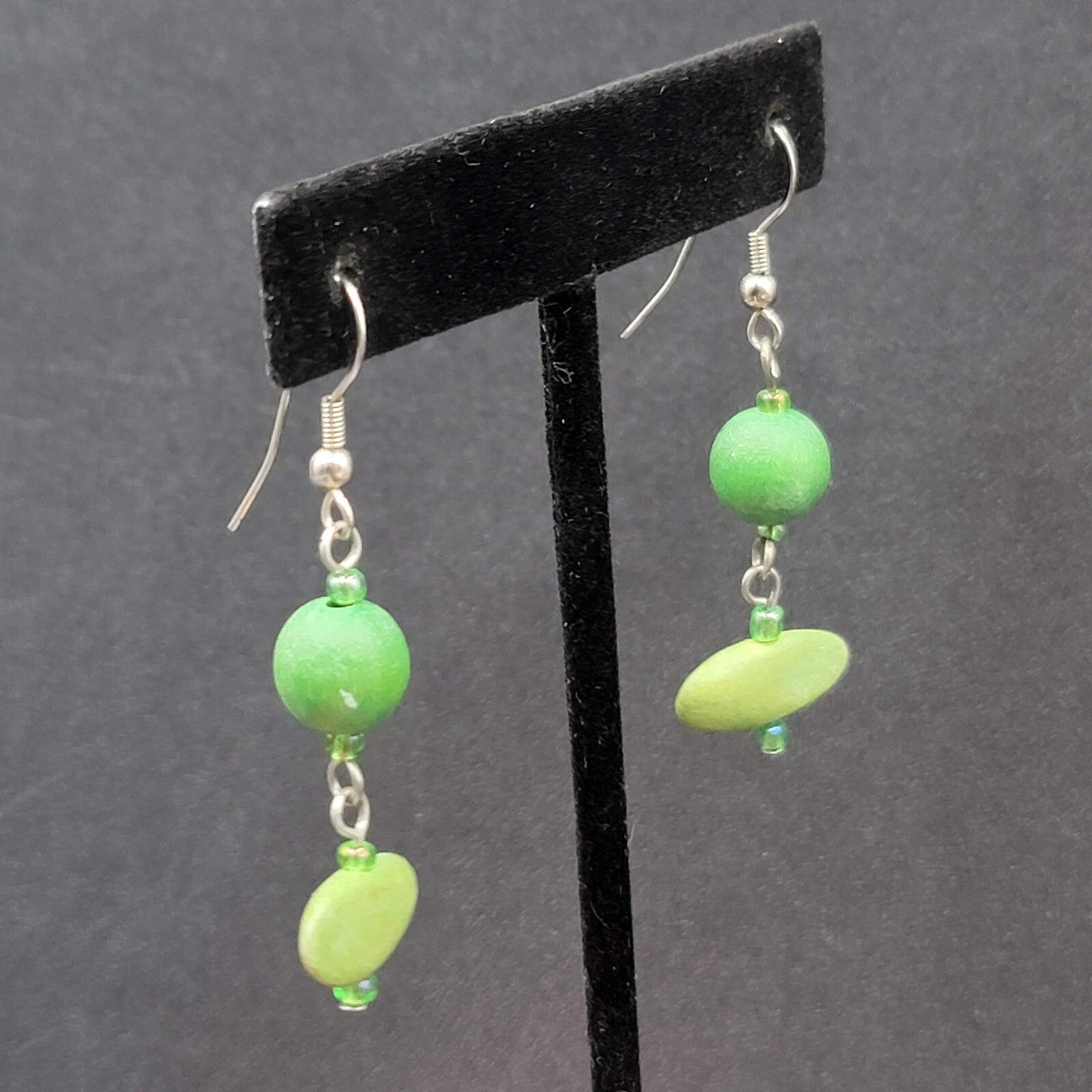 Pierced Earrings Silver tone Green Wood Bead Dangle 1.5"