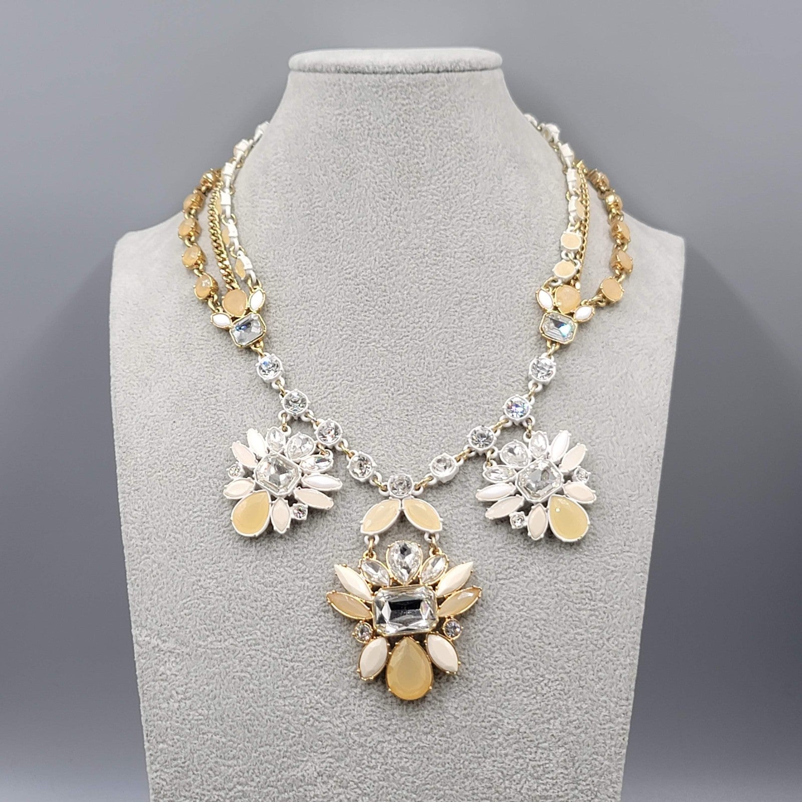 Ann Taylor Statement Bib Necklace Gold Tone Crystal Flower Enamel Adj 18-20"