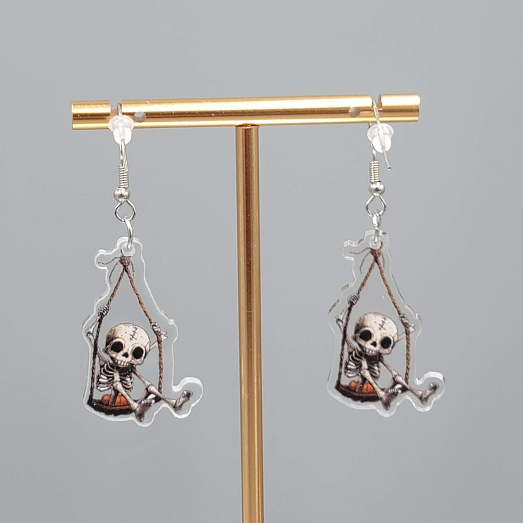 Halloween Swinging Skeleton Pierced Earrings Silver tone Dangle 1.5 in