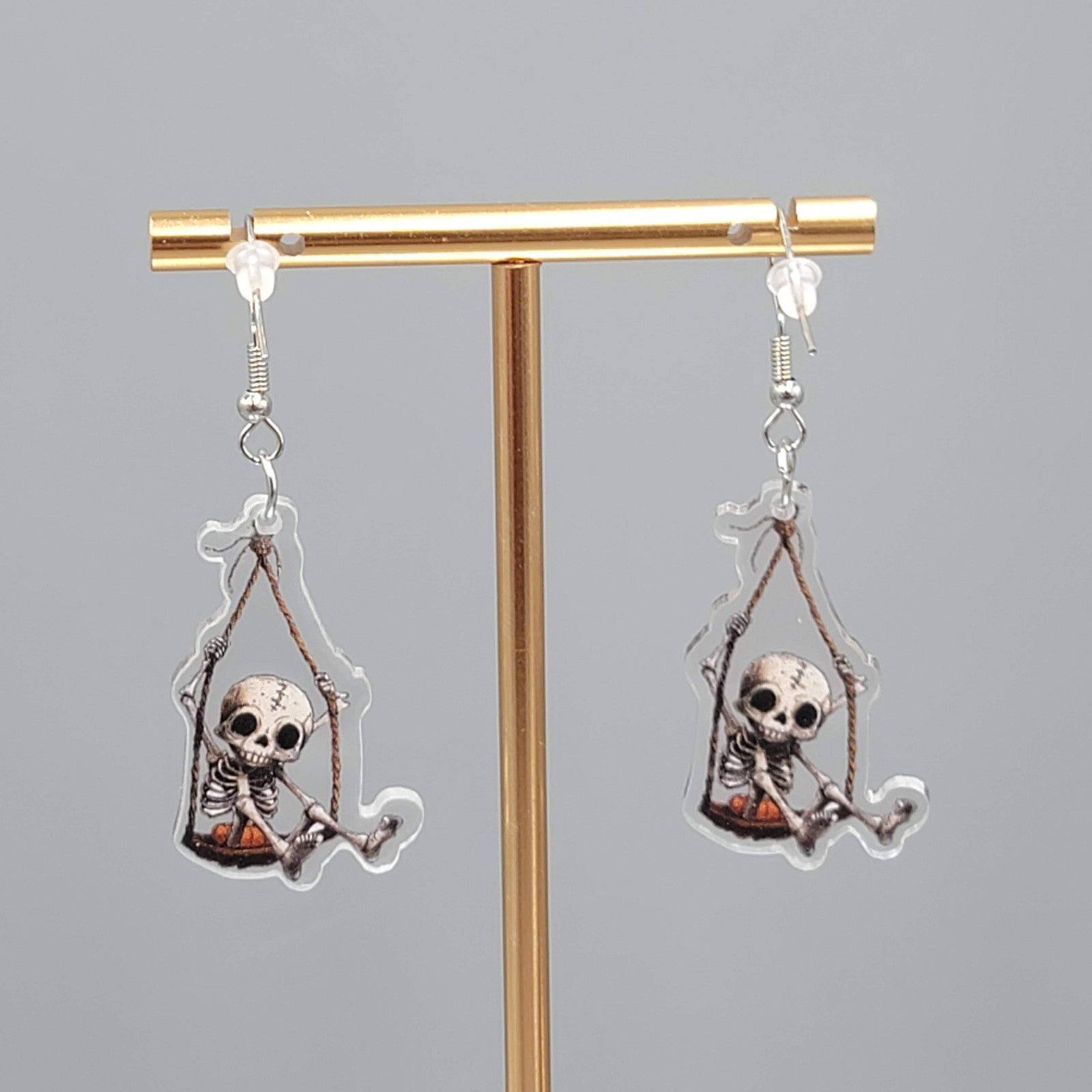 Halloween Swinging Skeleton Pierced Earrings Silver tone Dangle 1.5 in