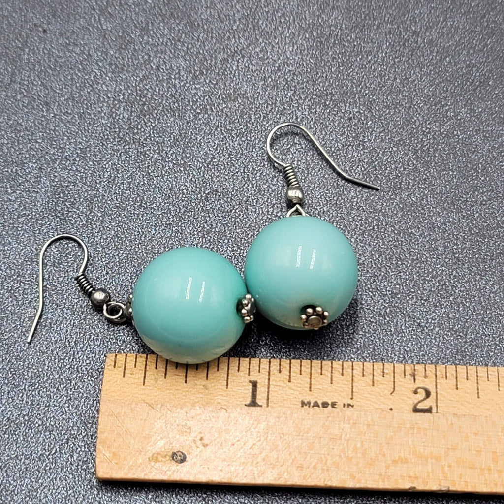 Pierced Earrings Silver tone Baby Blue Round Bead Dangle 1"